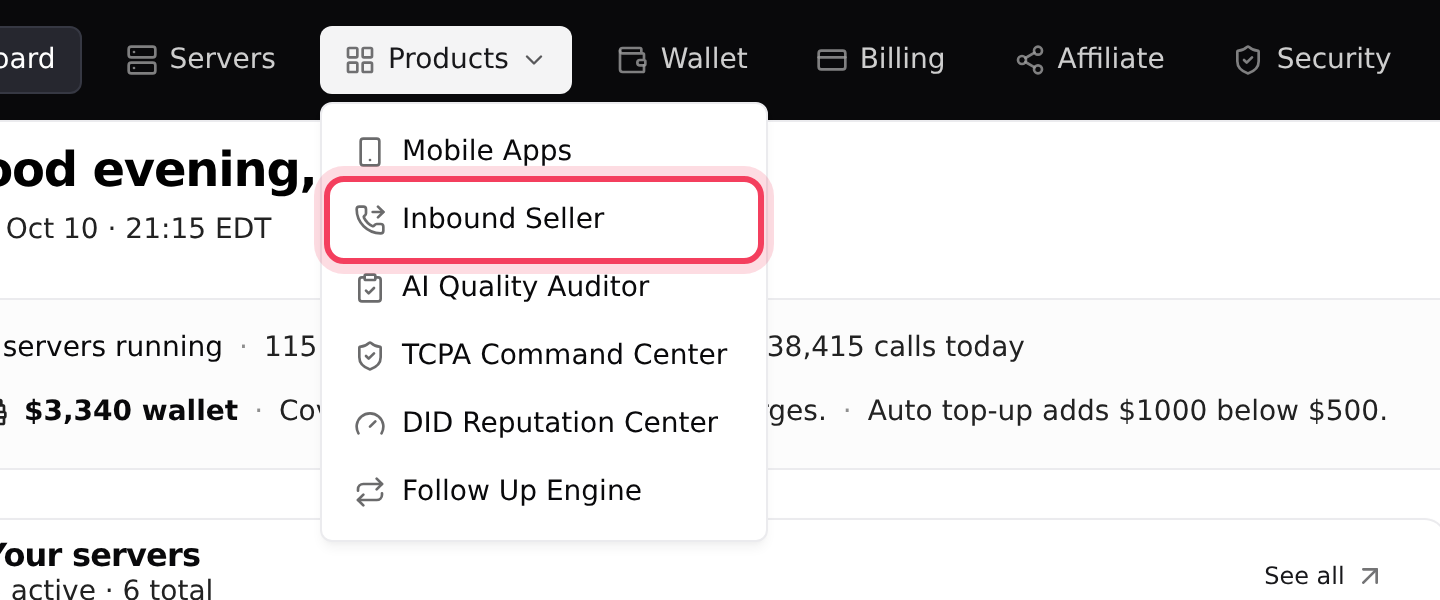 The Products menu in the top bar, with Inbound Seller