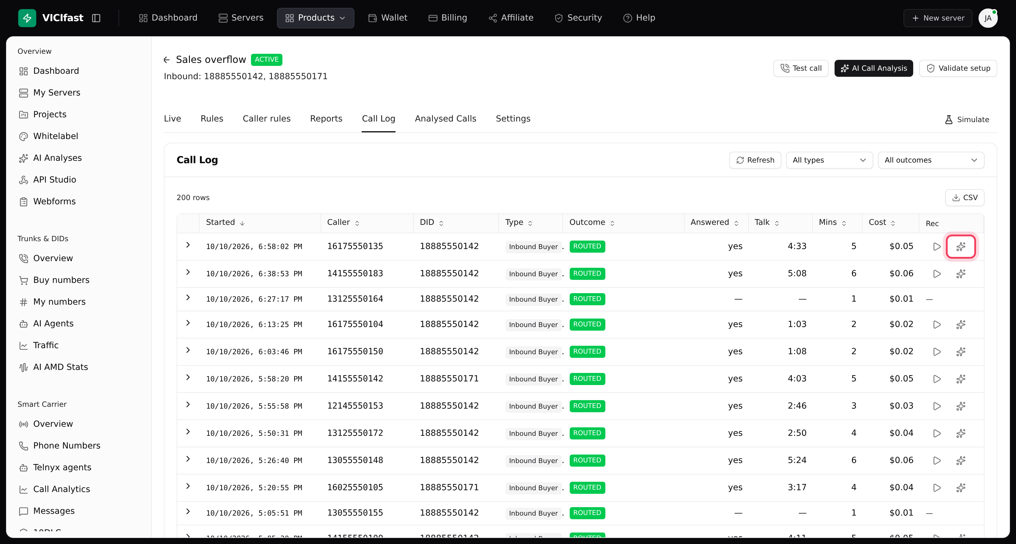 A flow's Call Log with the play and AI Analyse buttons in the Rec column