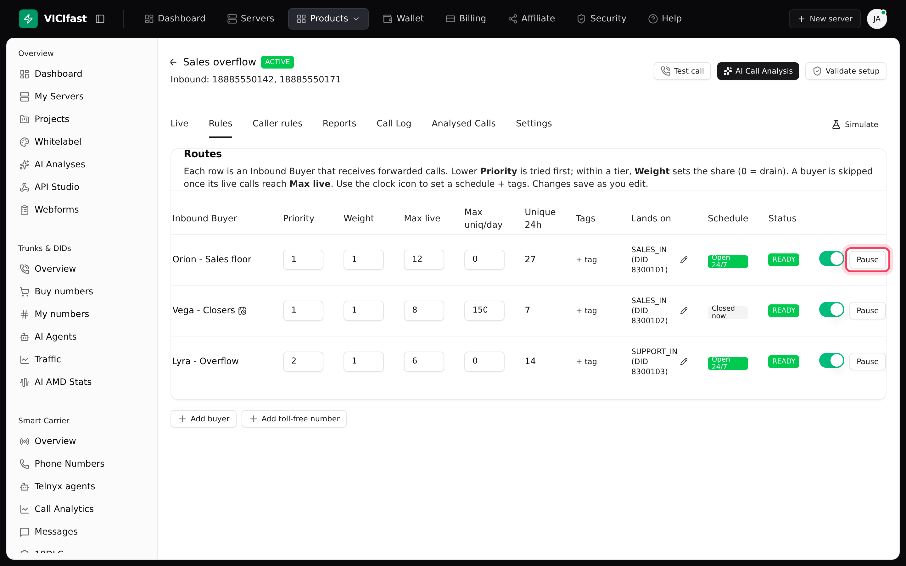 The Rules tab: one row per buyer, with Pause and the opening-hours button