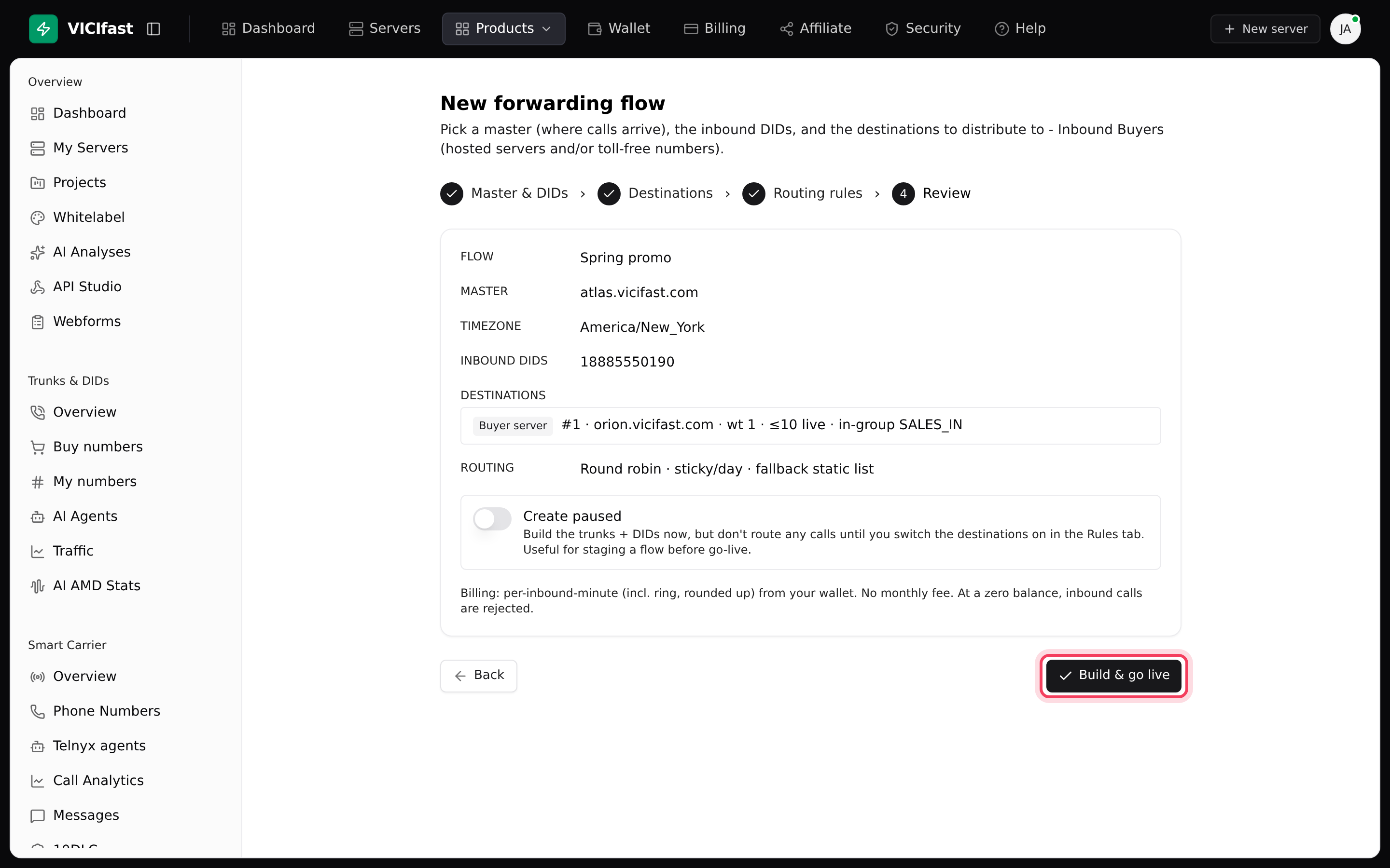Step 4: the summary, the Create paused switch and Build & go live
