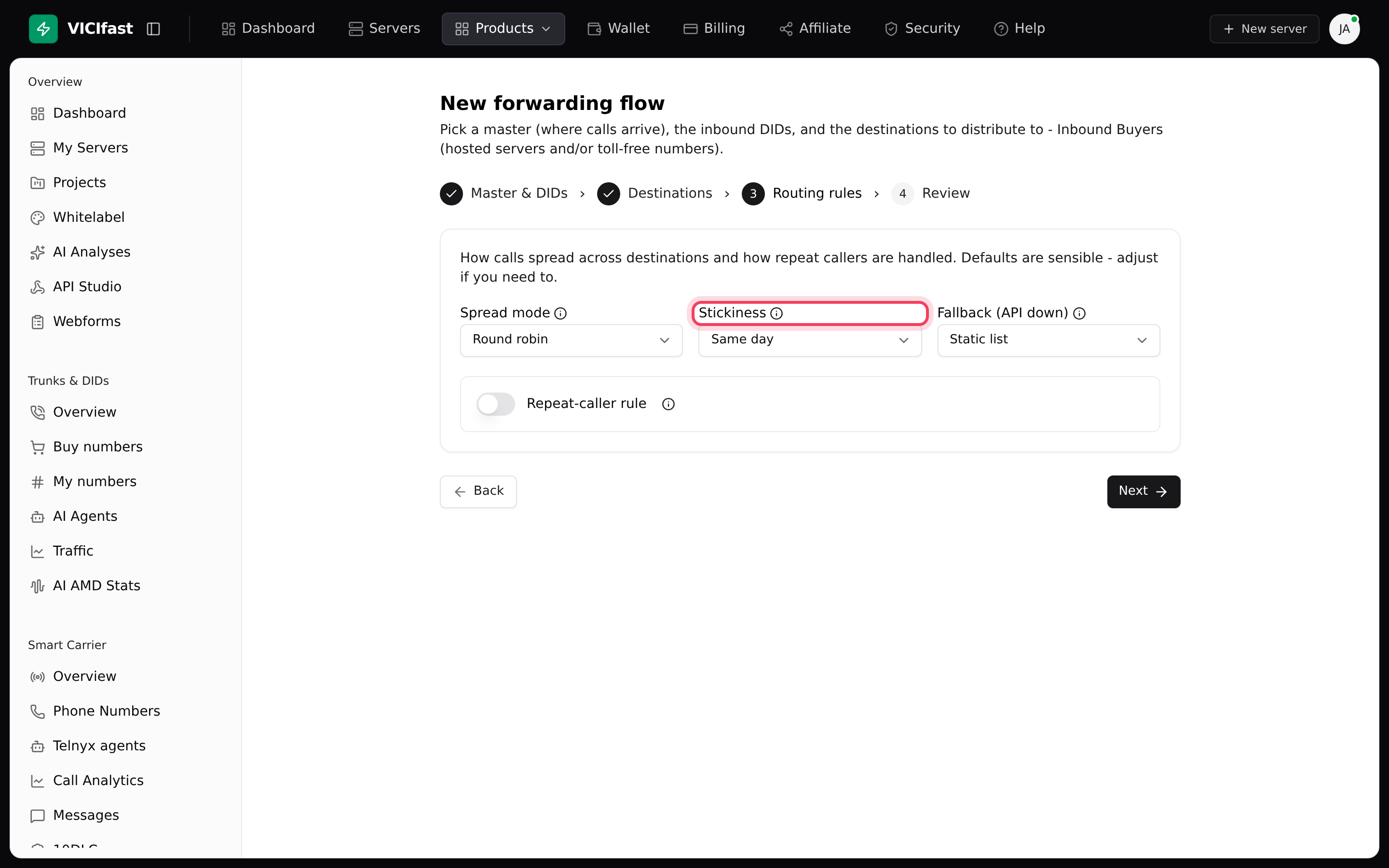 Step 3: spread mode, stickiness and the fallback setting