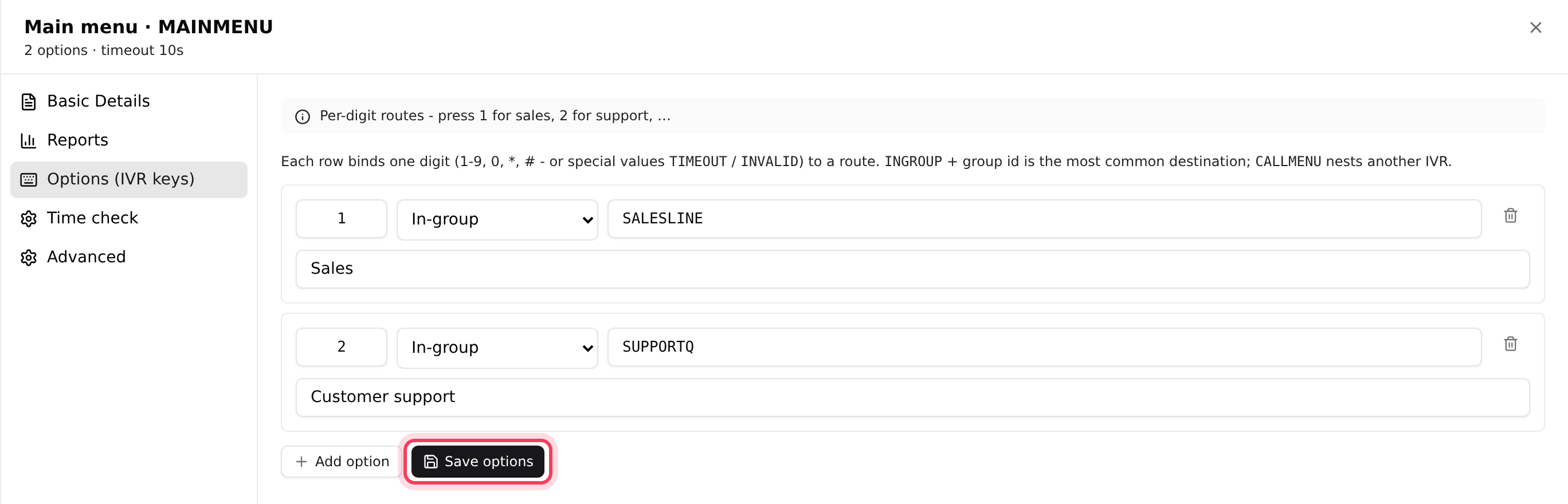 A call menu's Options (IVR keys) tab: 1 goes to sales, 2 to support