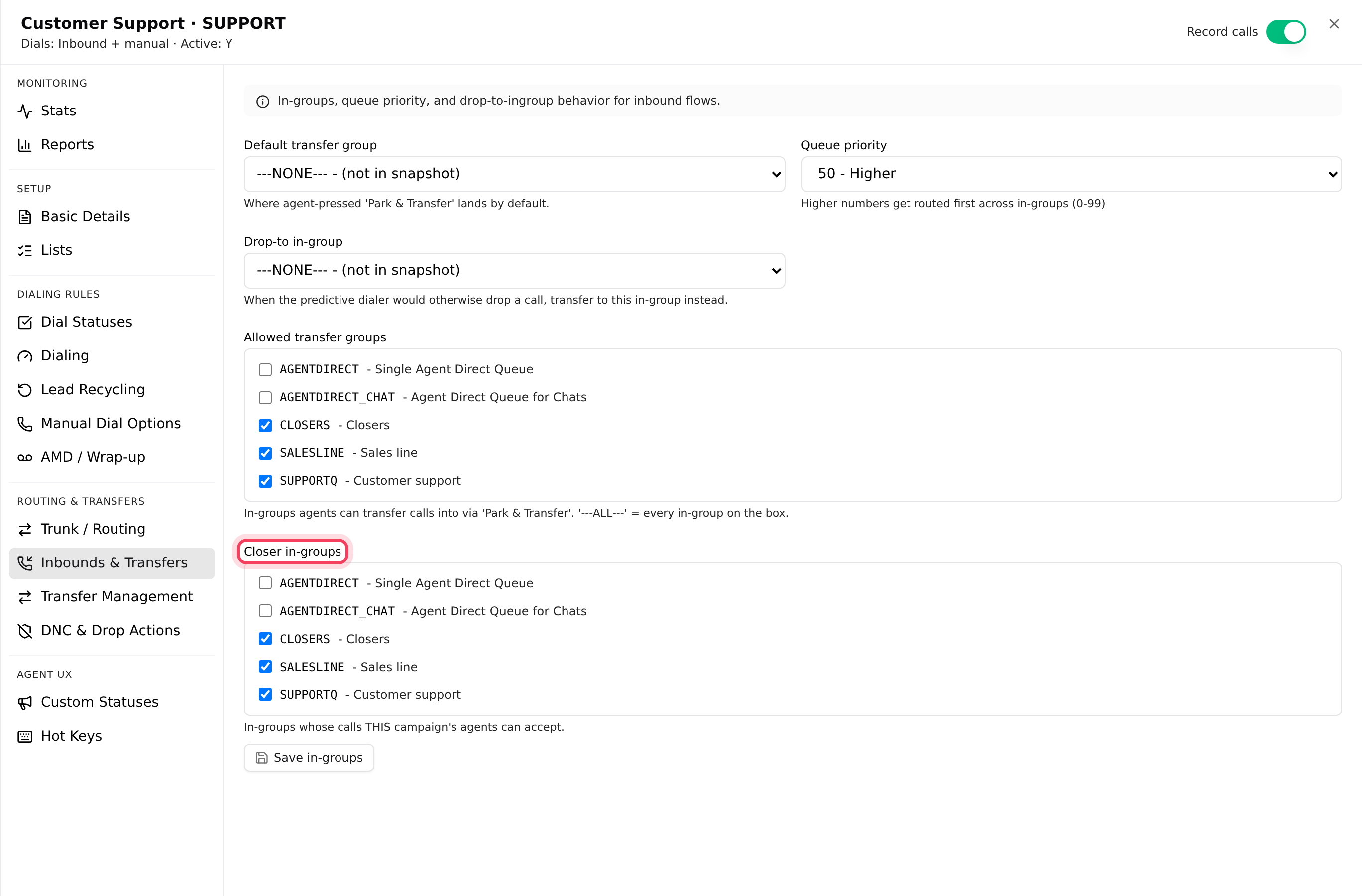 A campaign's Inbounds & Transfers tab with the Sales line queue added