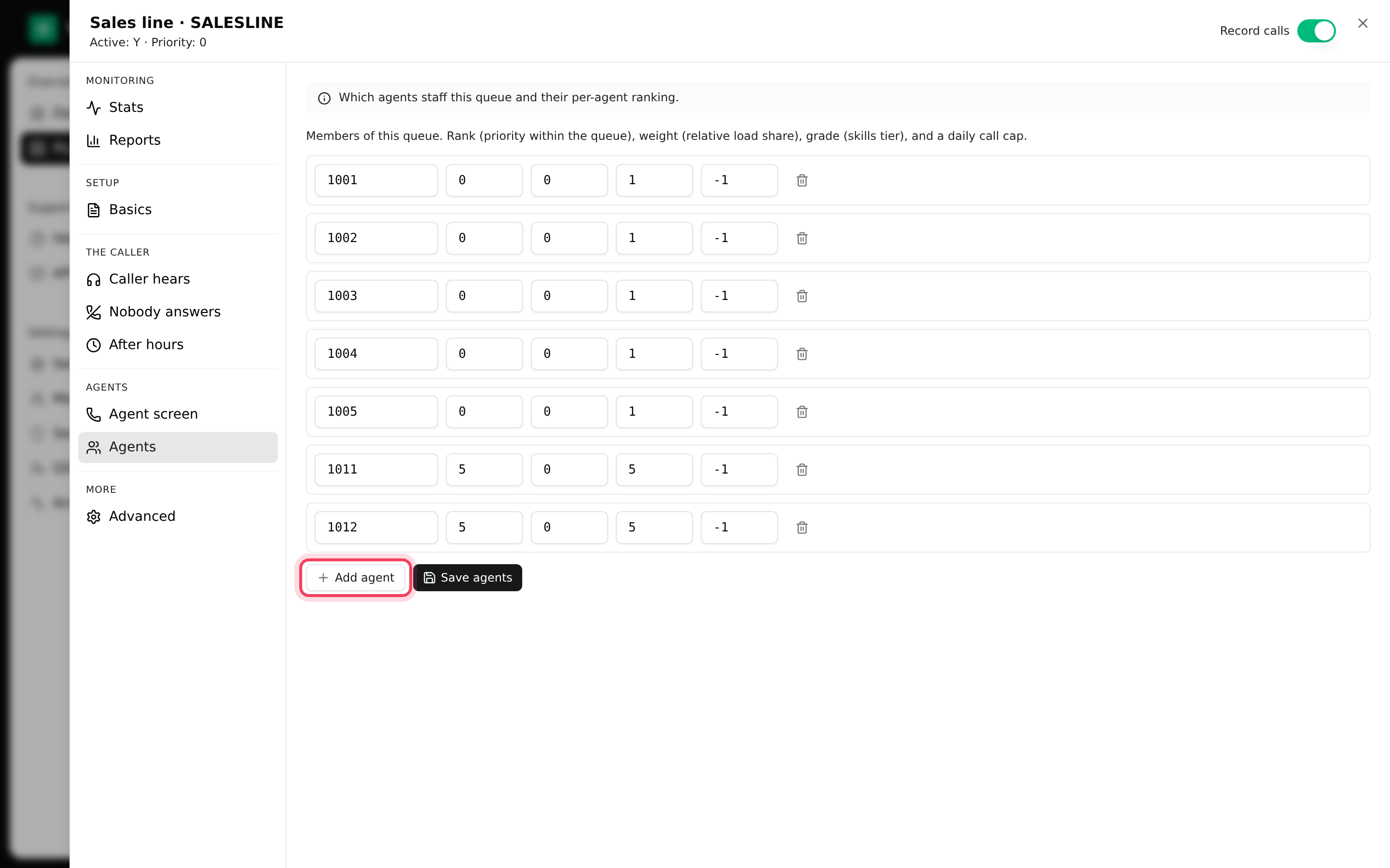 The Agents tab of the Sales line queue