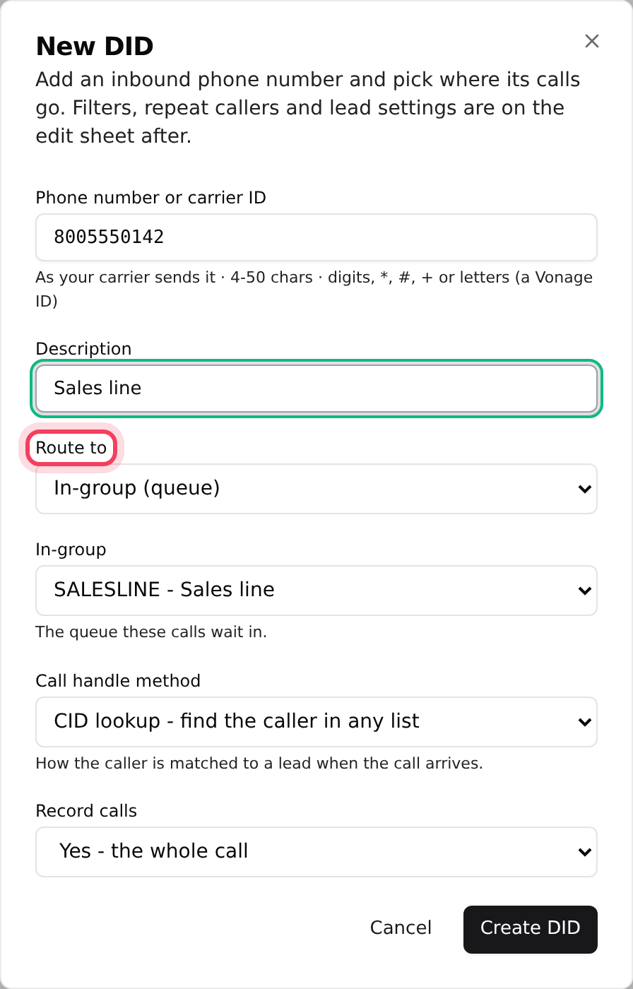 The New DID window, routing the number to the Sales line queue