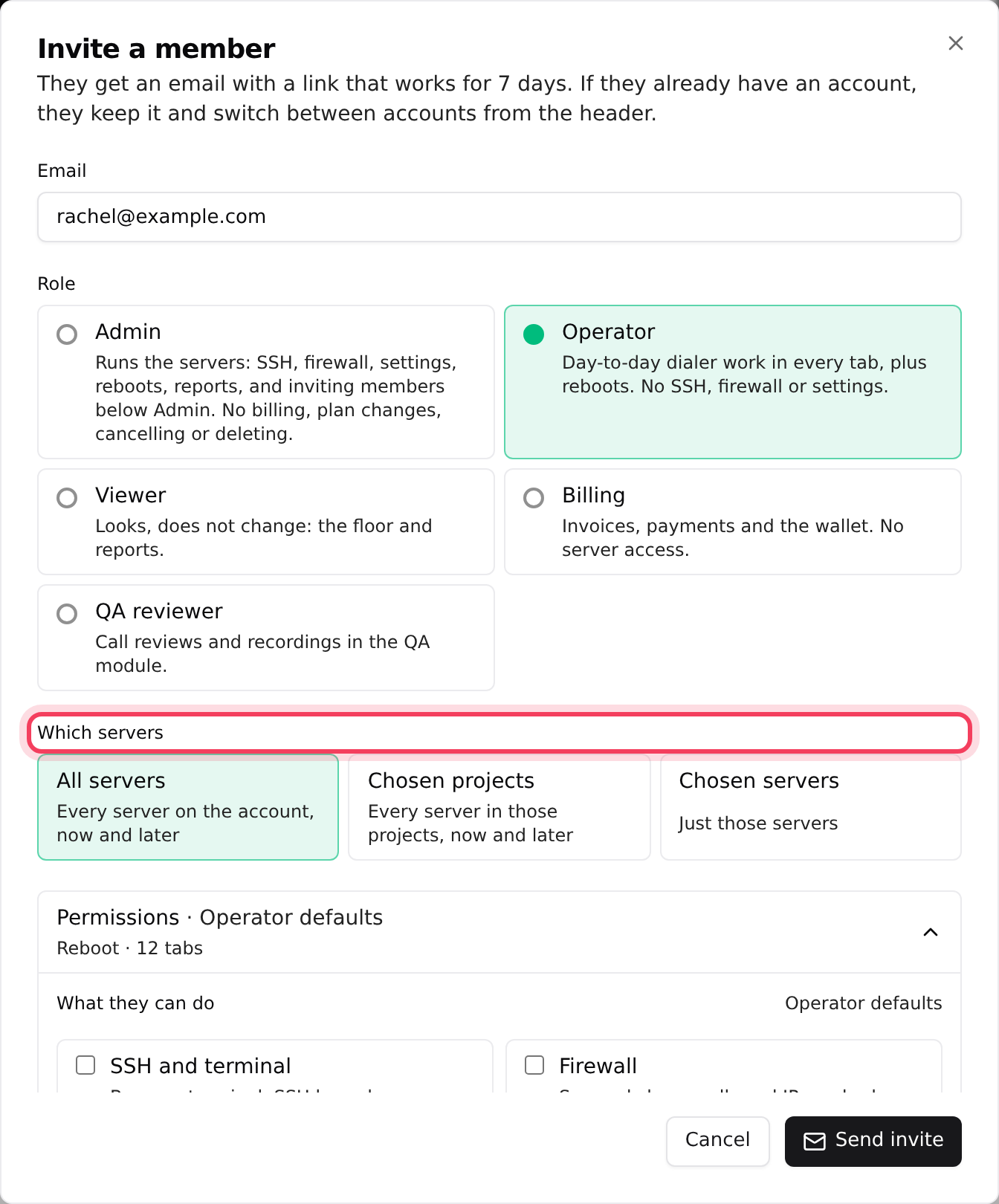 Invite a member: email, role, which servers and permissions