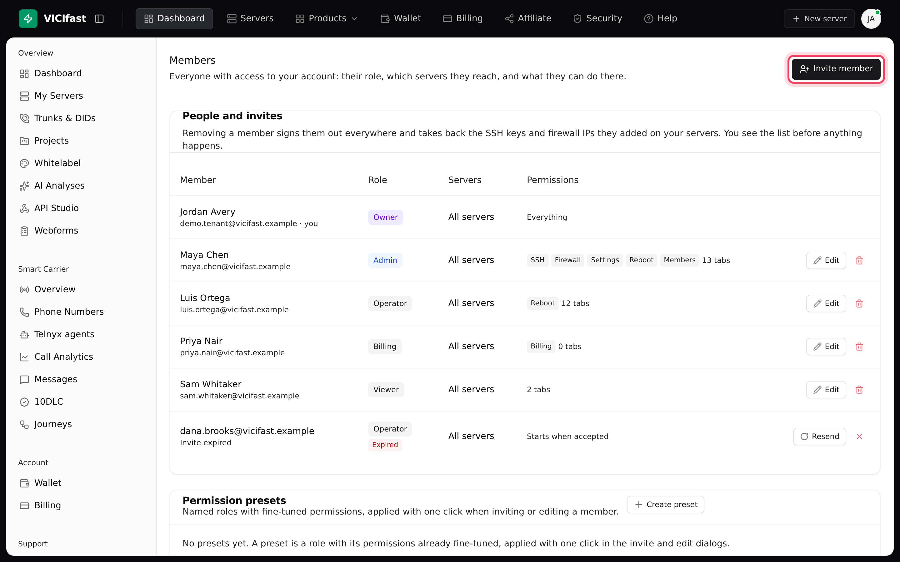 Members: everyone with access, and pending invites