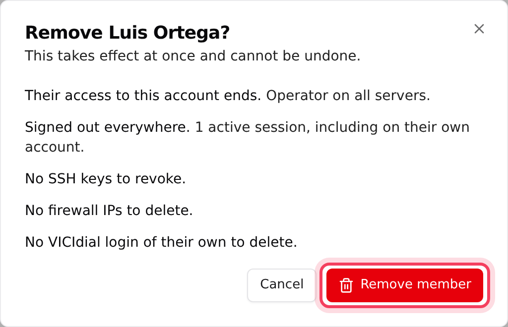 Removing a member shows what is taken back before you confirm