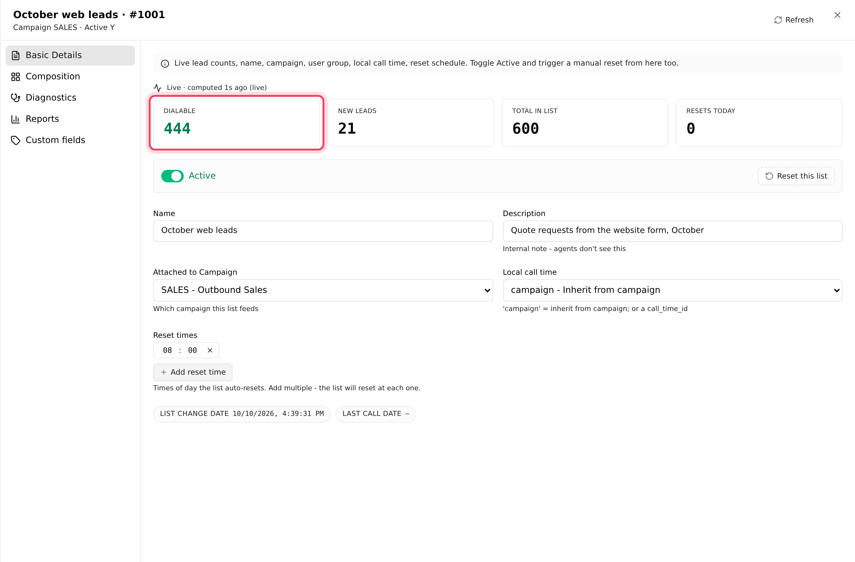 A list’s Basic Details with its live counts