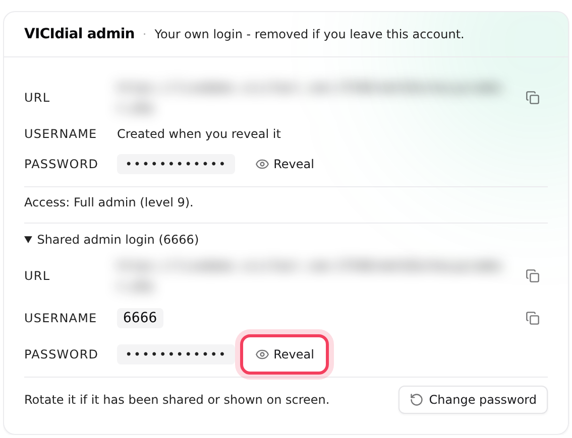 The VICIdial admin card, with the shared 6666 login opened and the password hidden