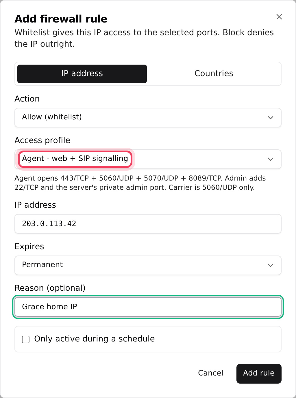 Add firewall rule: action, access, address, expiry and reason