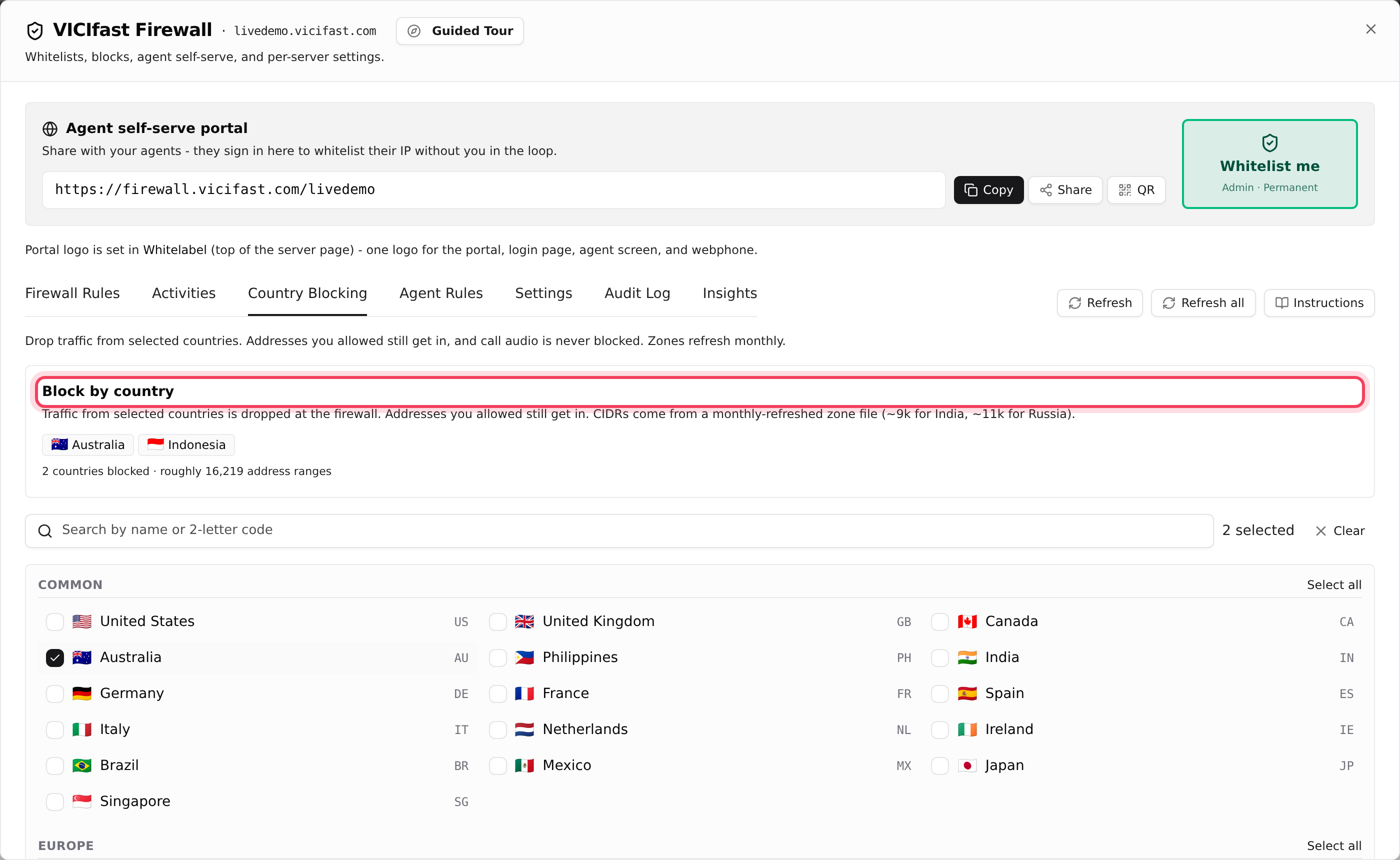 Country Blocking: pick countries, then Save