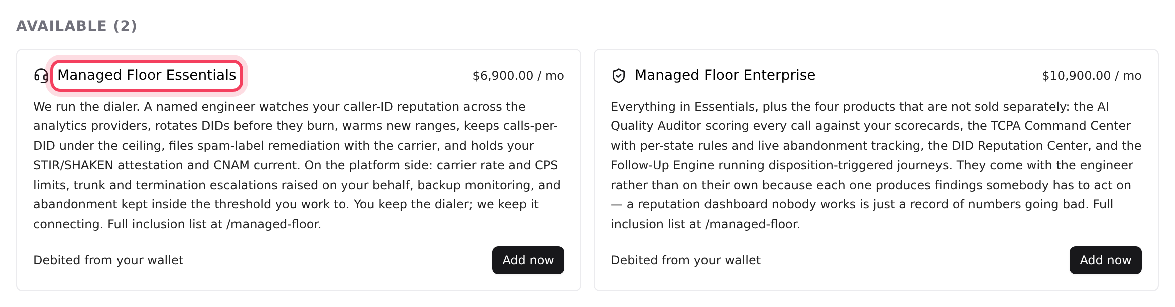 The two Managed Floor cards on the Addons page