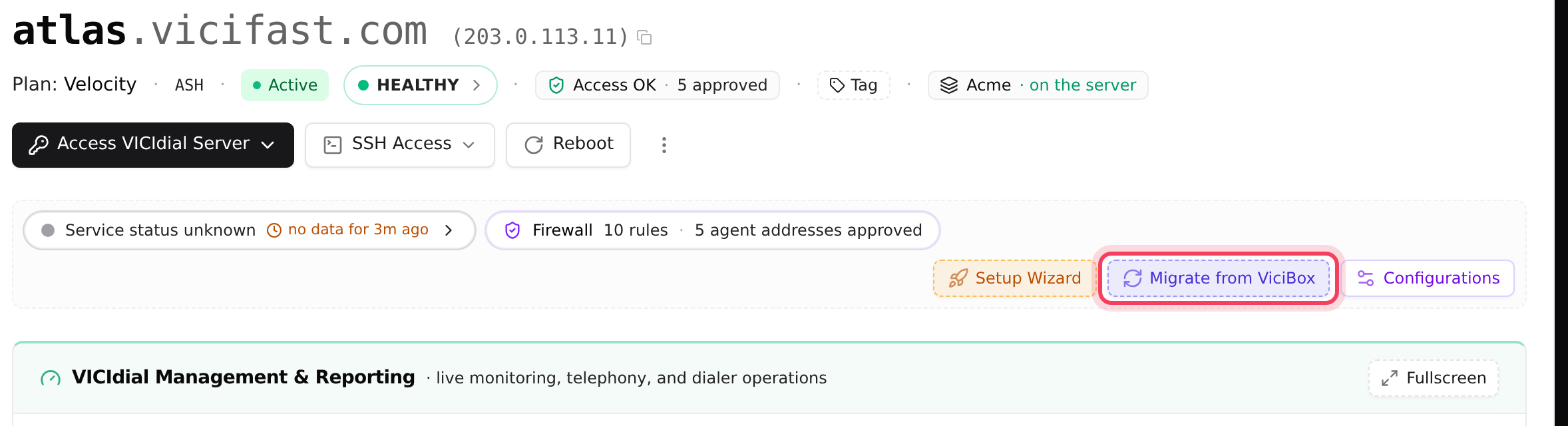 Migrate from ViciBox in the tools strip of your new server