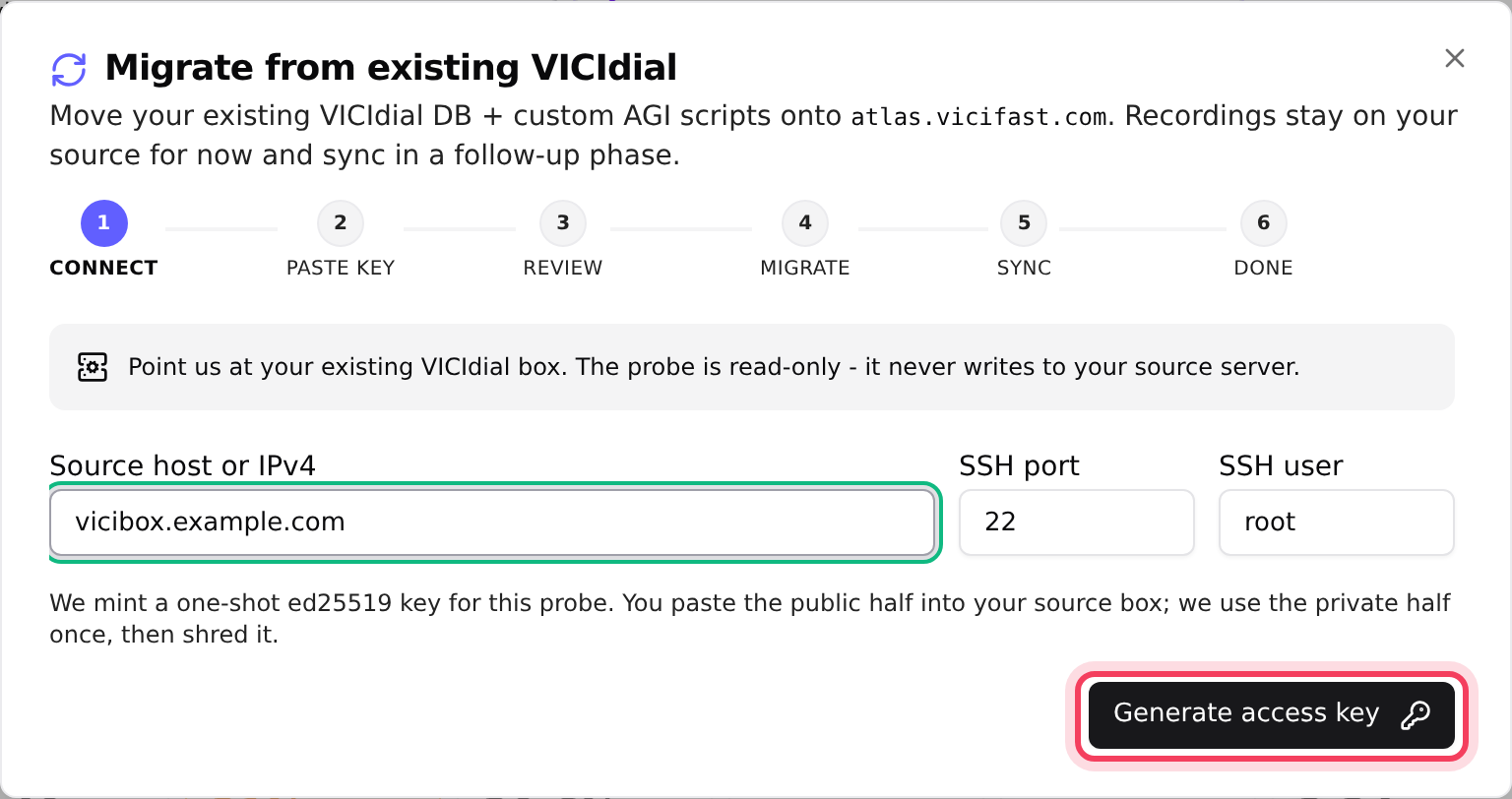 Your old server's address, SSH port and user
