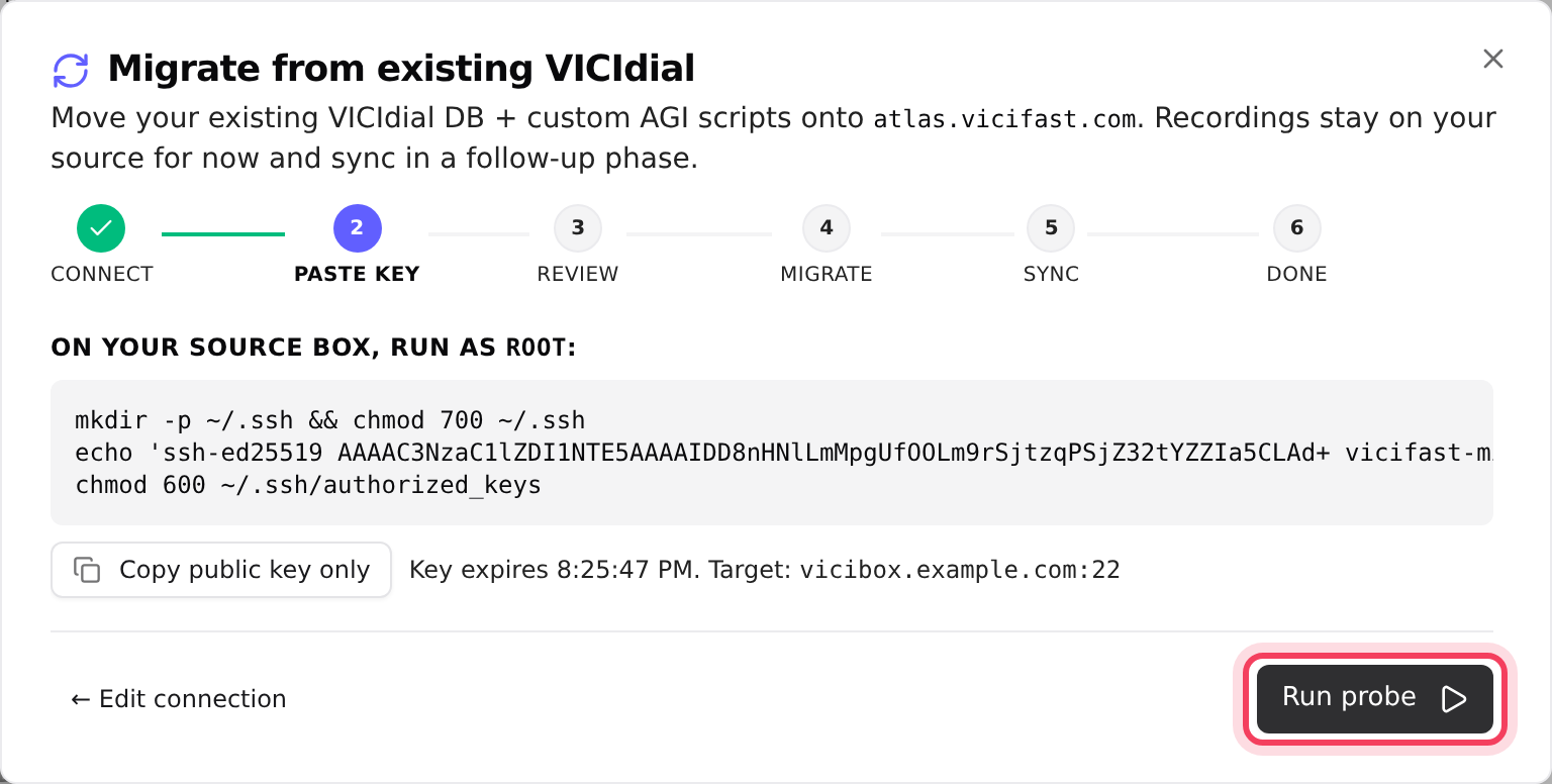 Run this on your old server, then click Run probe