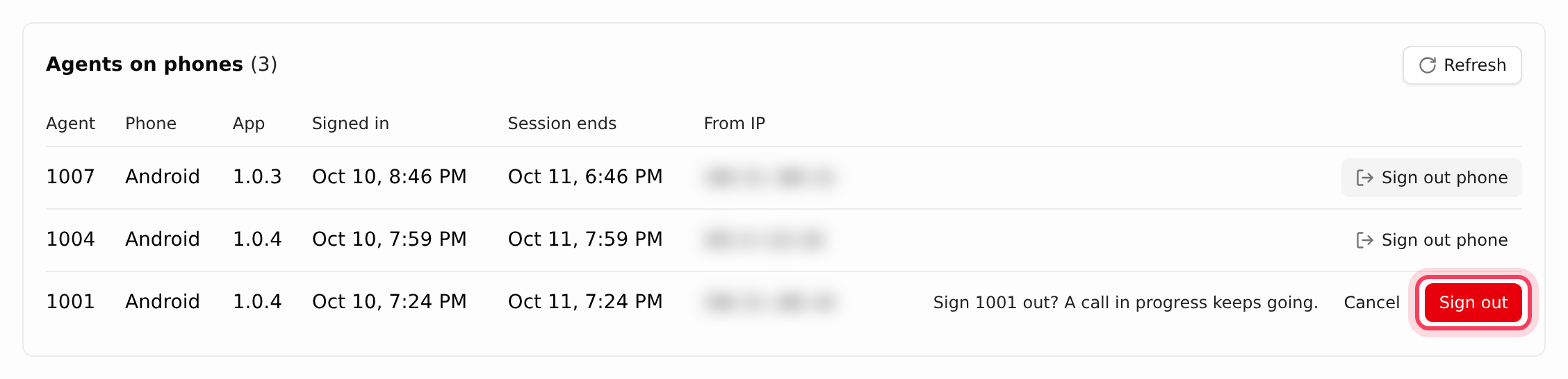 Signing one agent's phone out