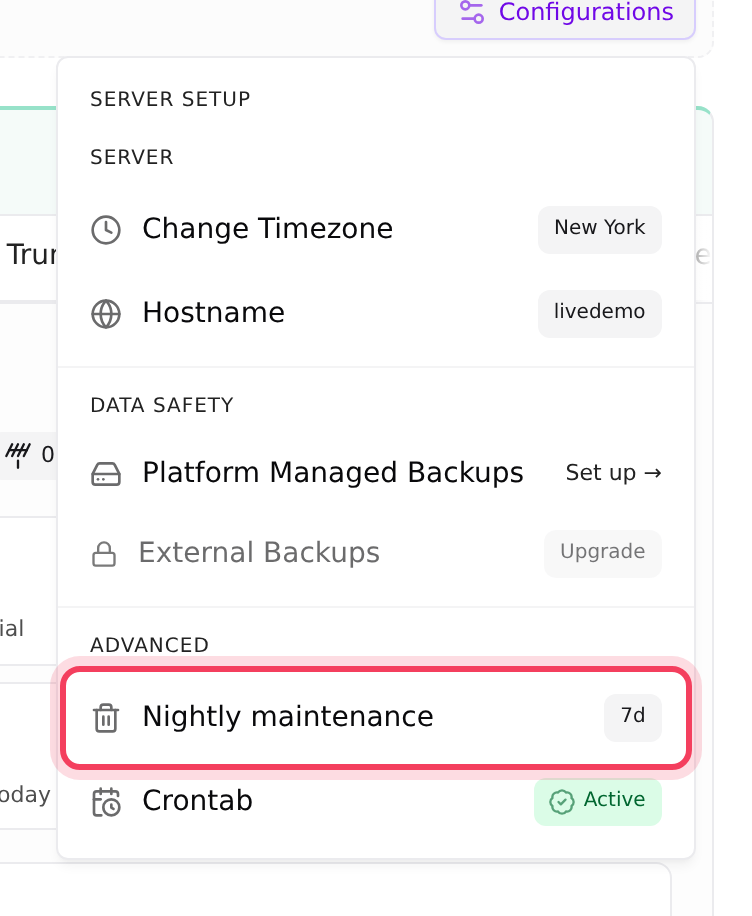 Configurations: Nightly maintenance under Advanced
