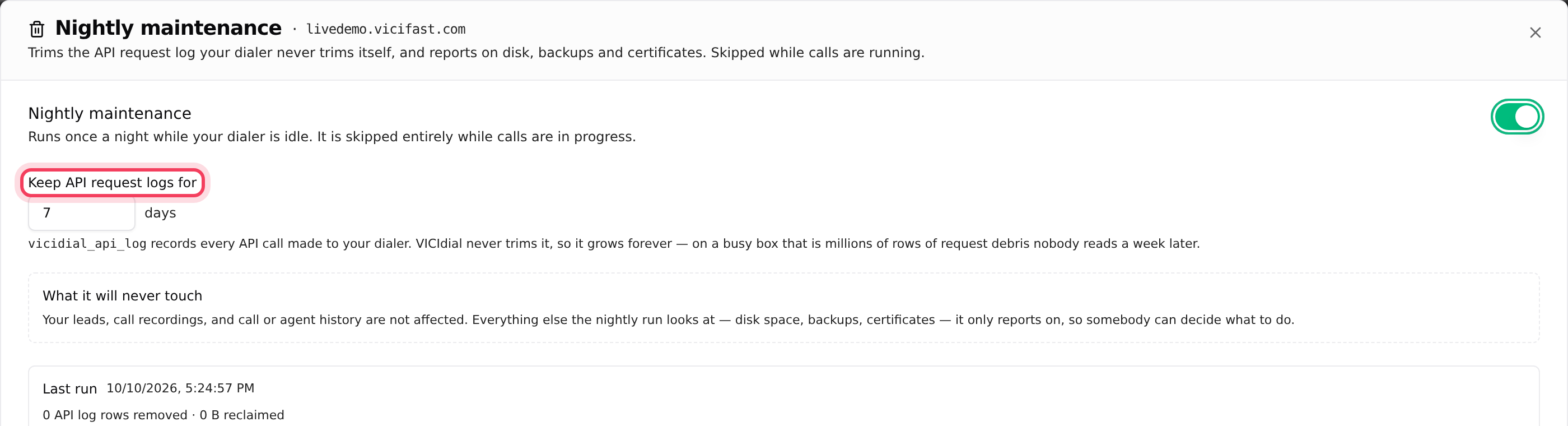 Nightly maintenance: the switch, the number of days, and what it never touches