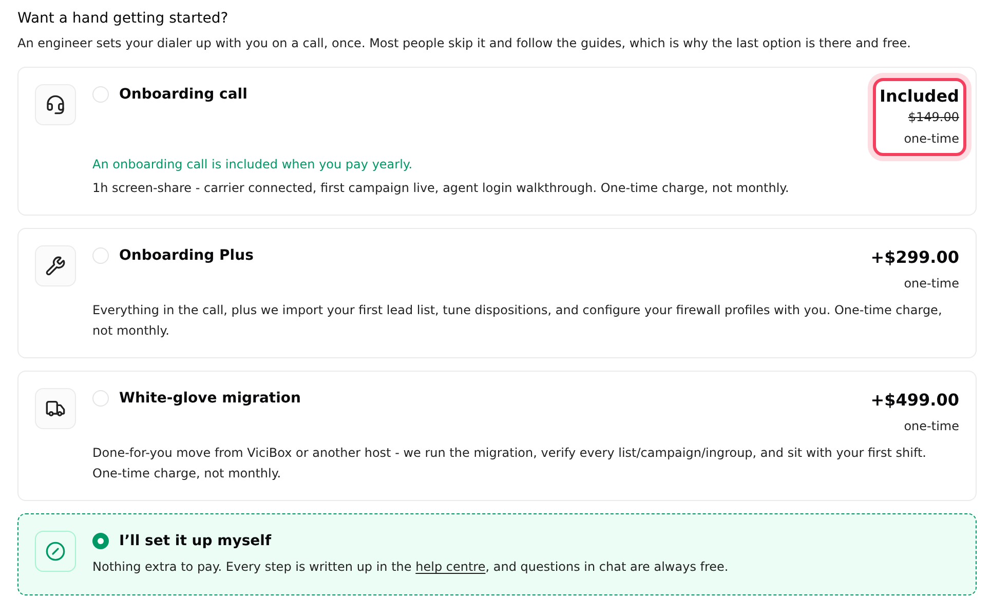 Want a hand getting started? on the Billing & extras step