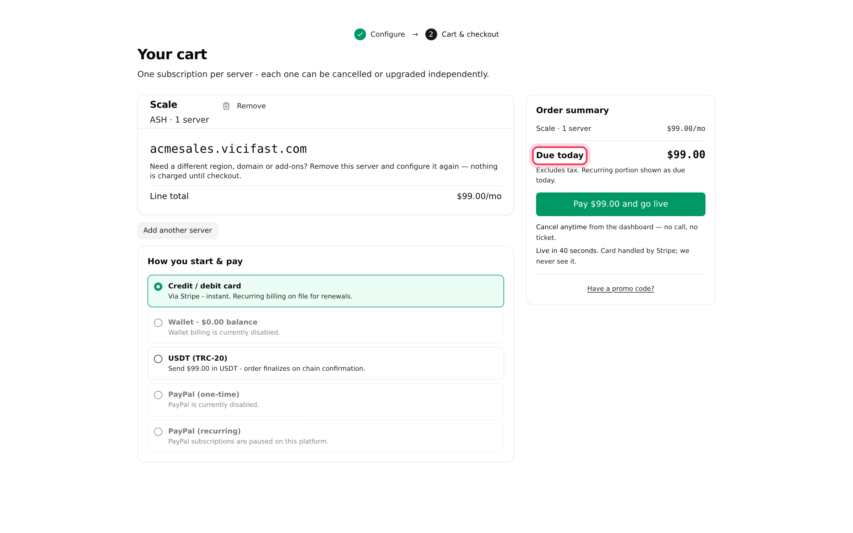 The cart: payment methods on the left, order summary on the right