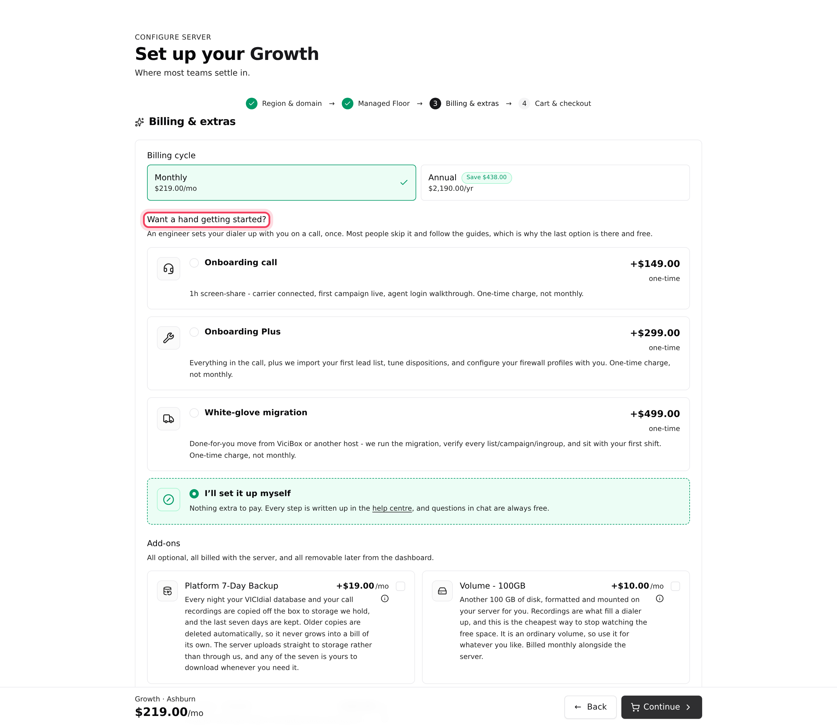 Billing & extras: billing cycle, onboarding and add-ons