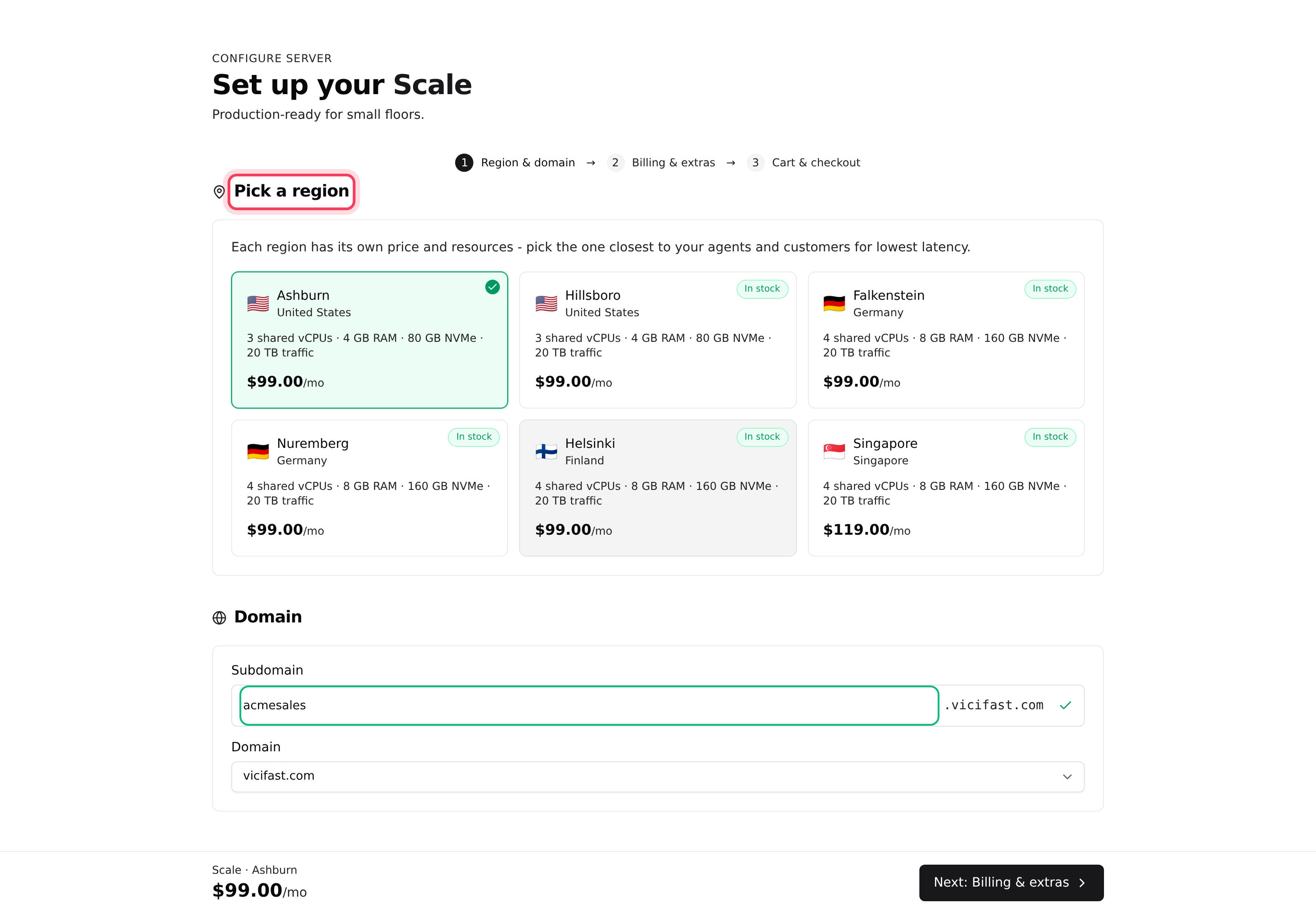 Region & domain: region cards with prices, then your server's address