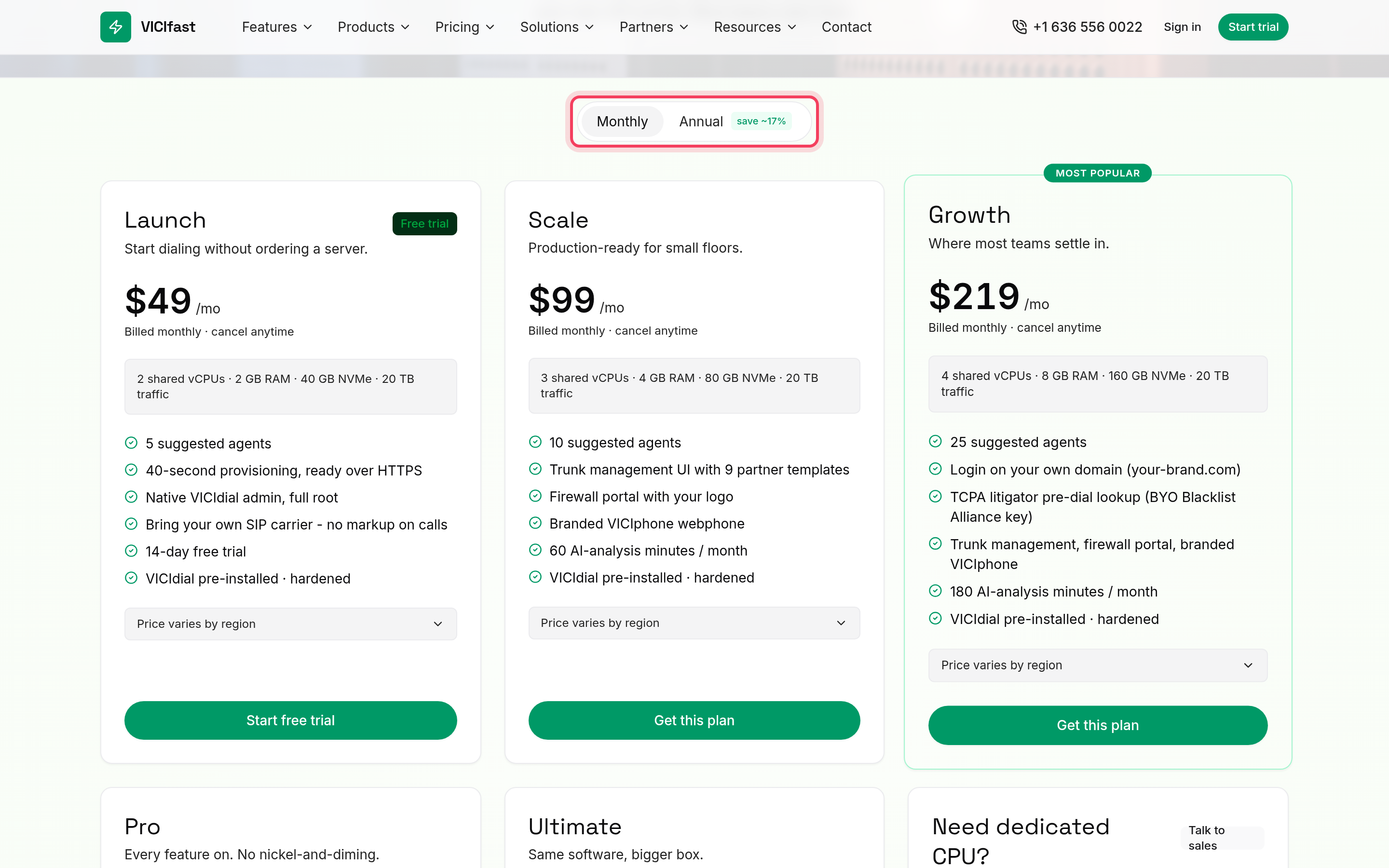 VPS plans with the Monthly / Annual switch and each plan's button