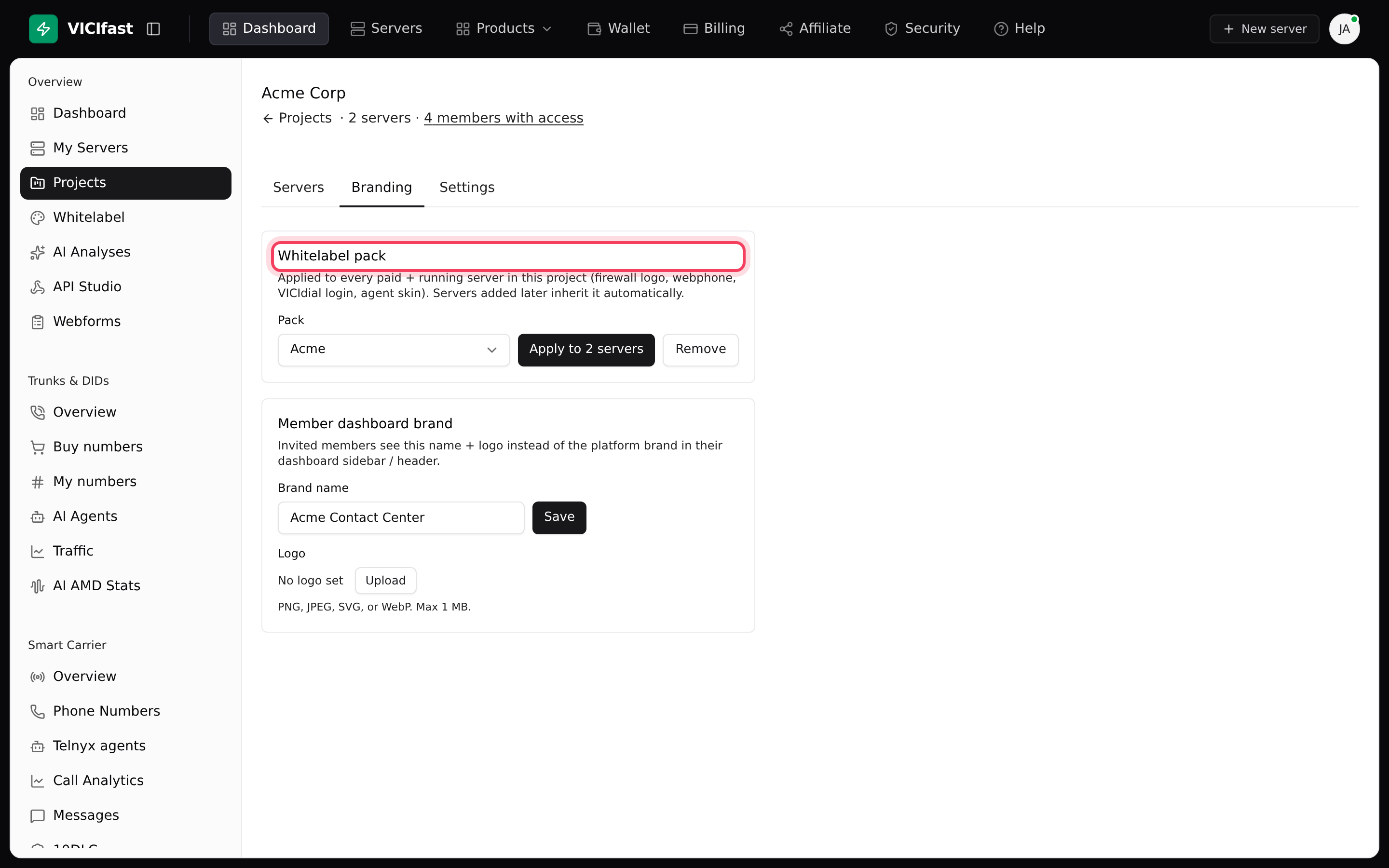 The Branding tab: one pack for every server in the project