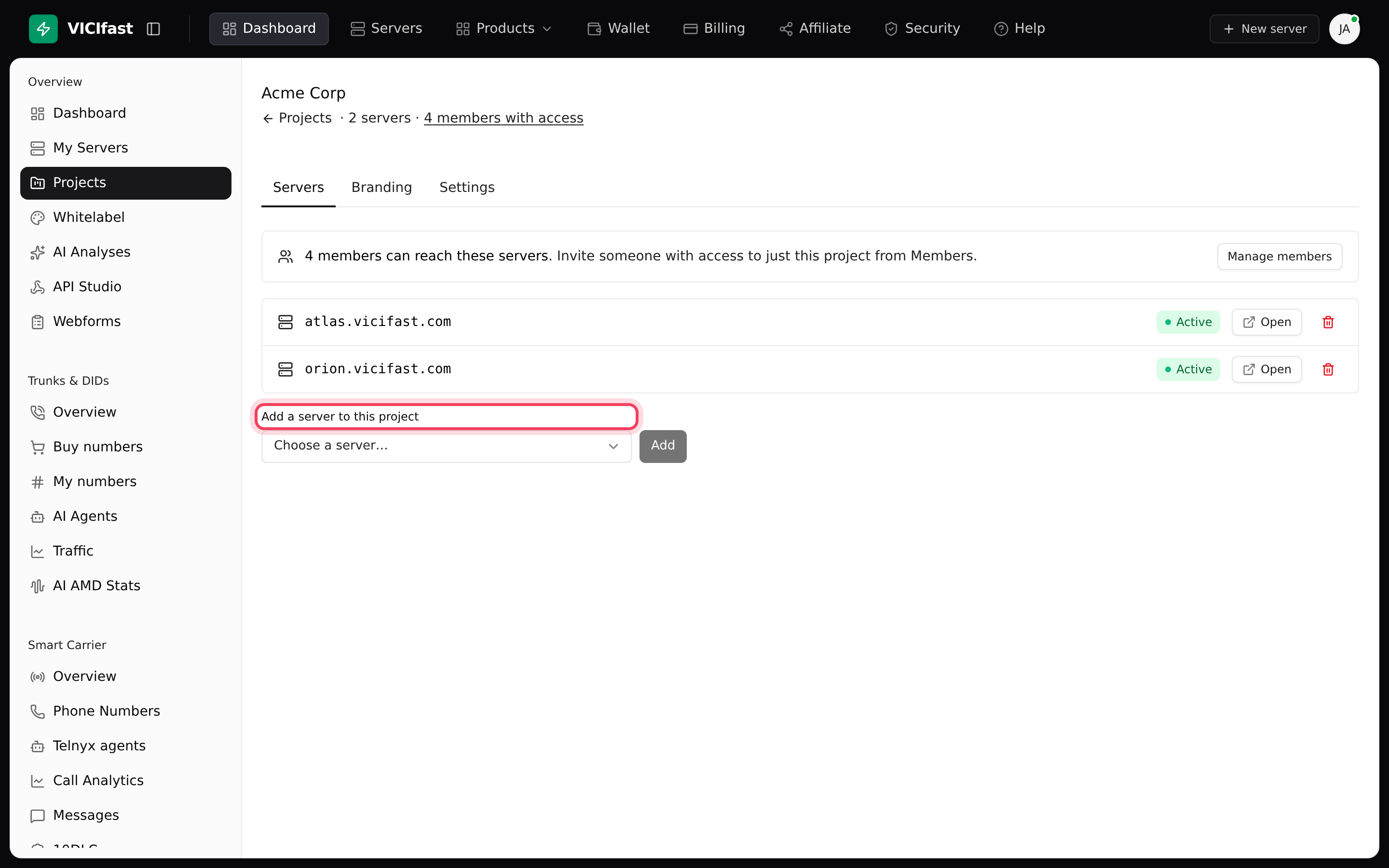 The Servers tab: add a server and see who can reach it