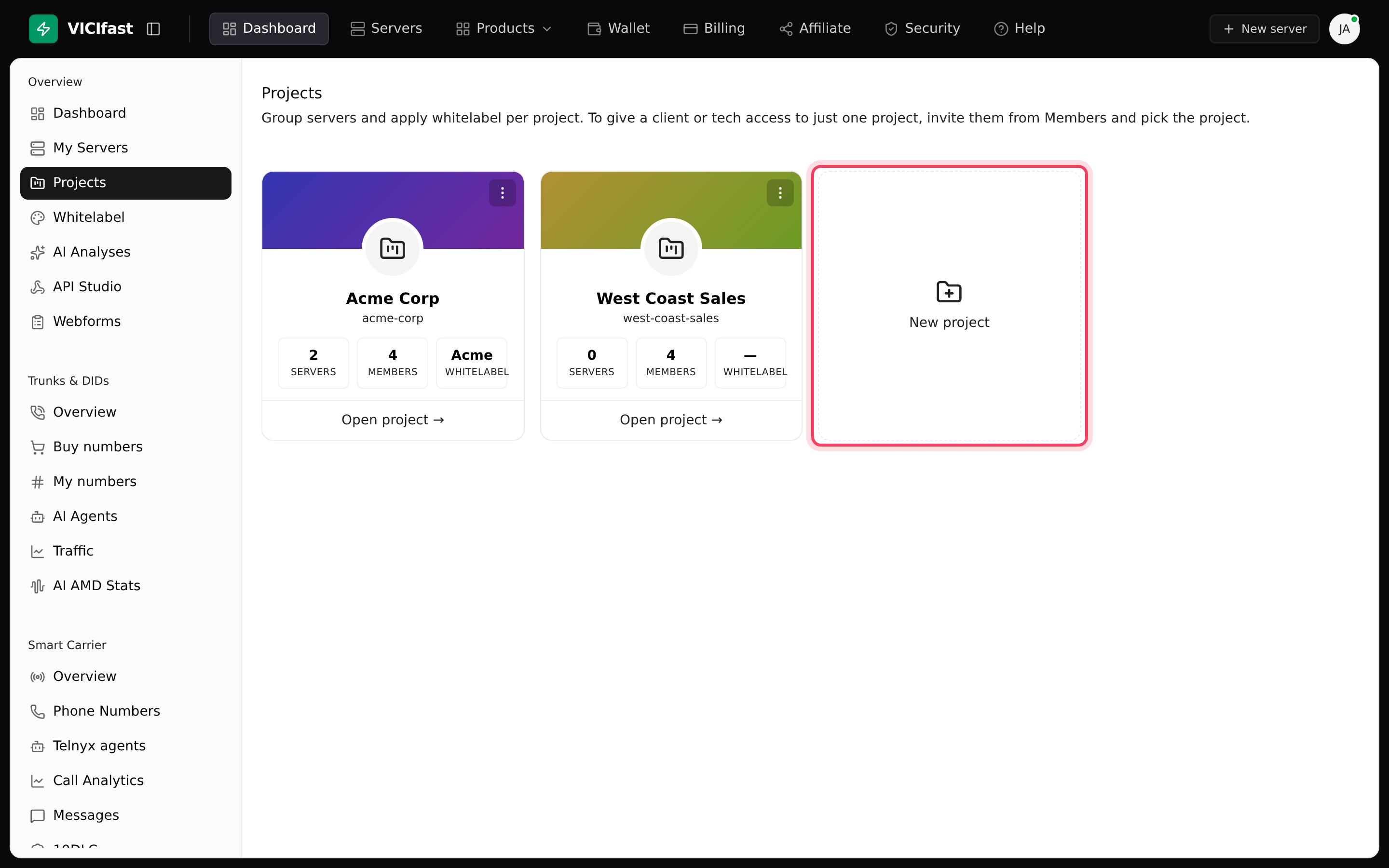 Projects: one card per project, with servers, members and branding