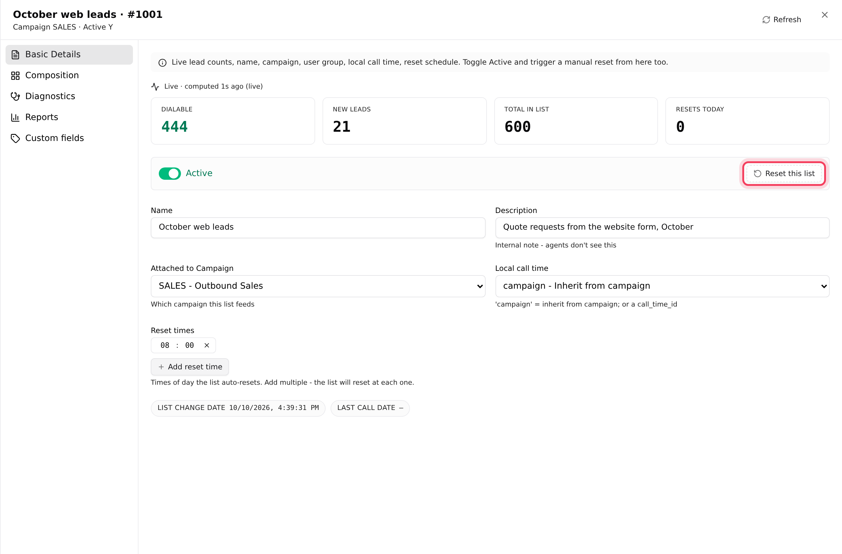 A list’s Basic Details: the Reset this list button and Reset times