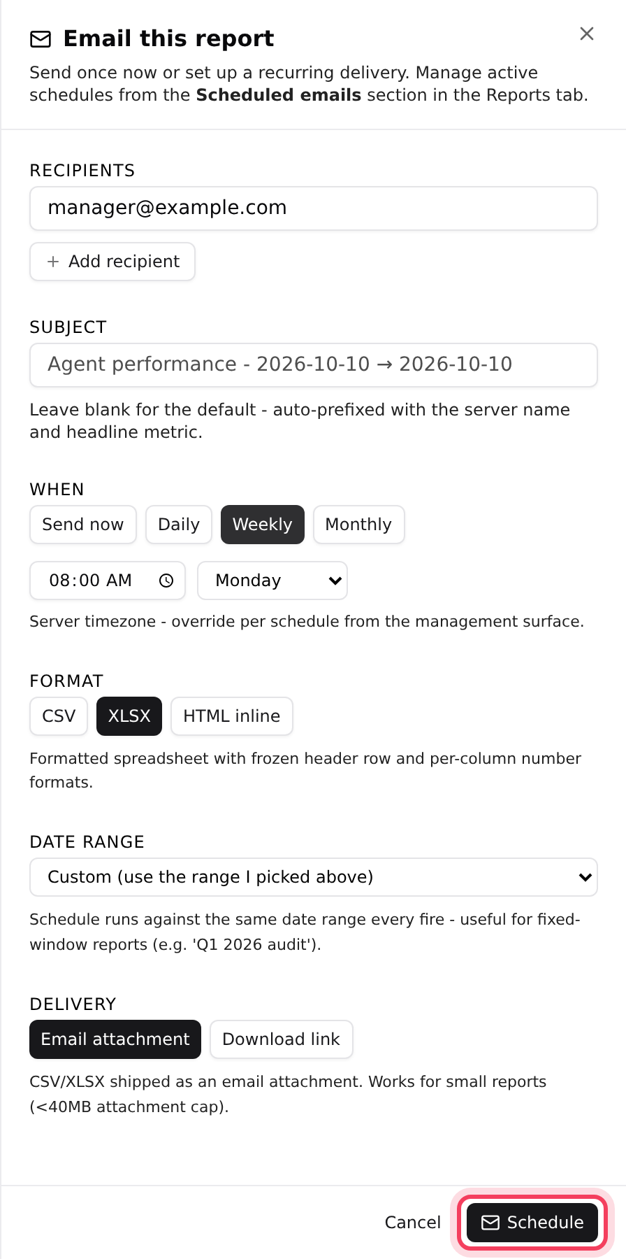 Email this report: recipients, schedule and format