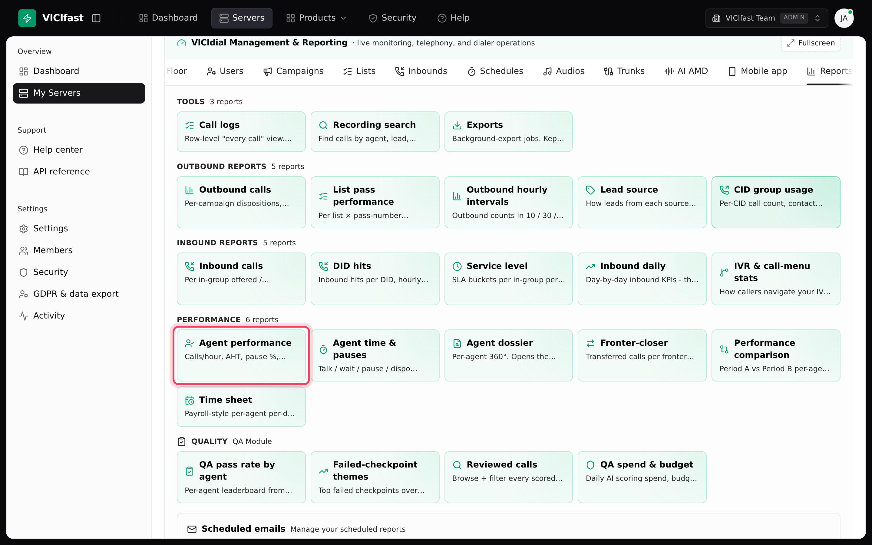 The Reports tab: report cards grouped by area