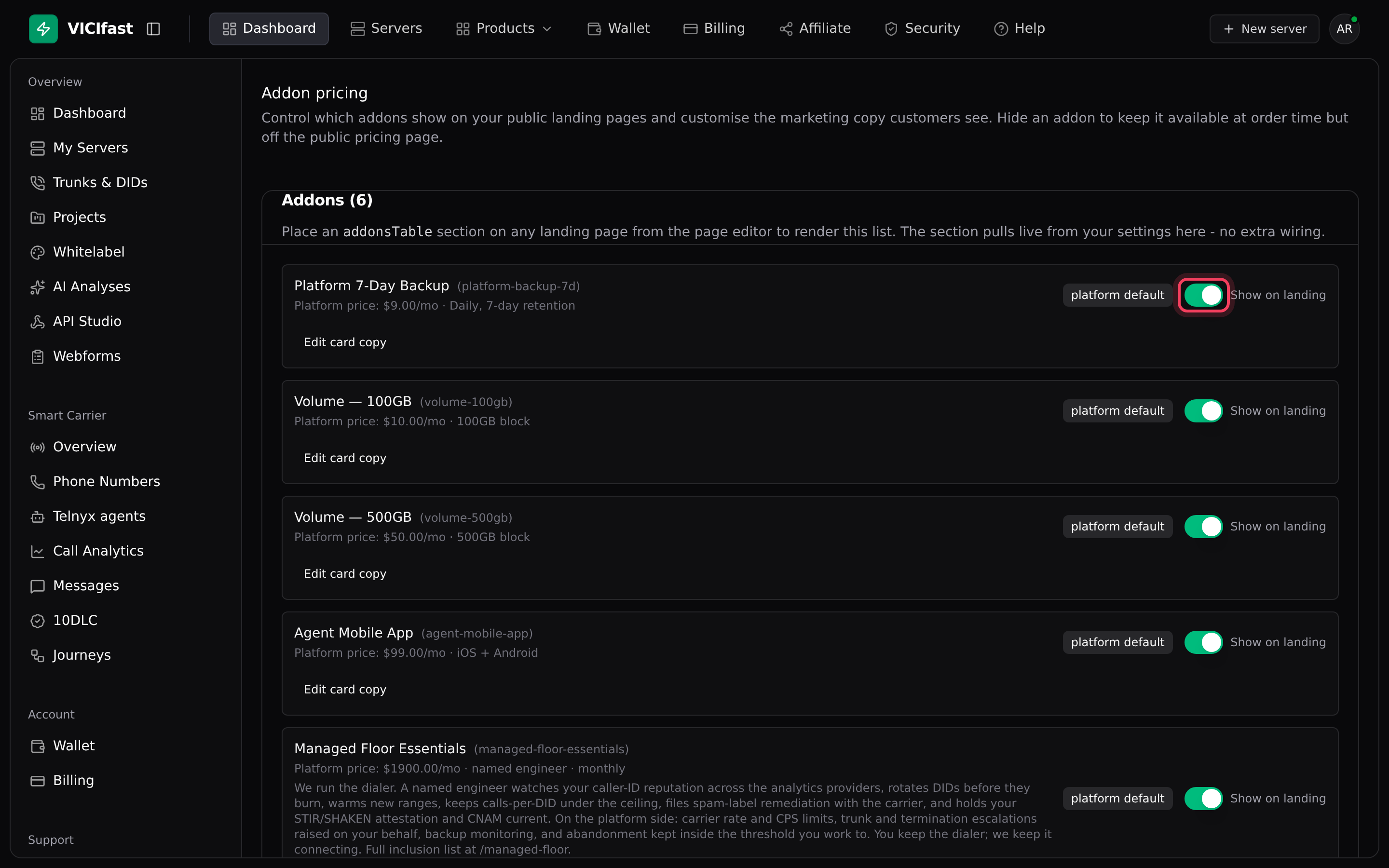 Addon pricing: show or hide add-ons and edit their cards