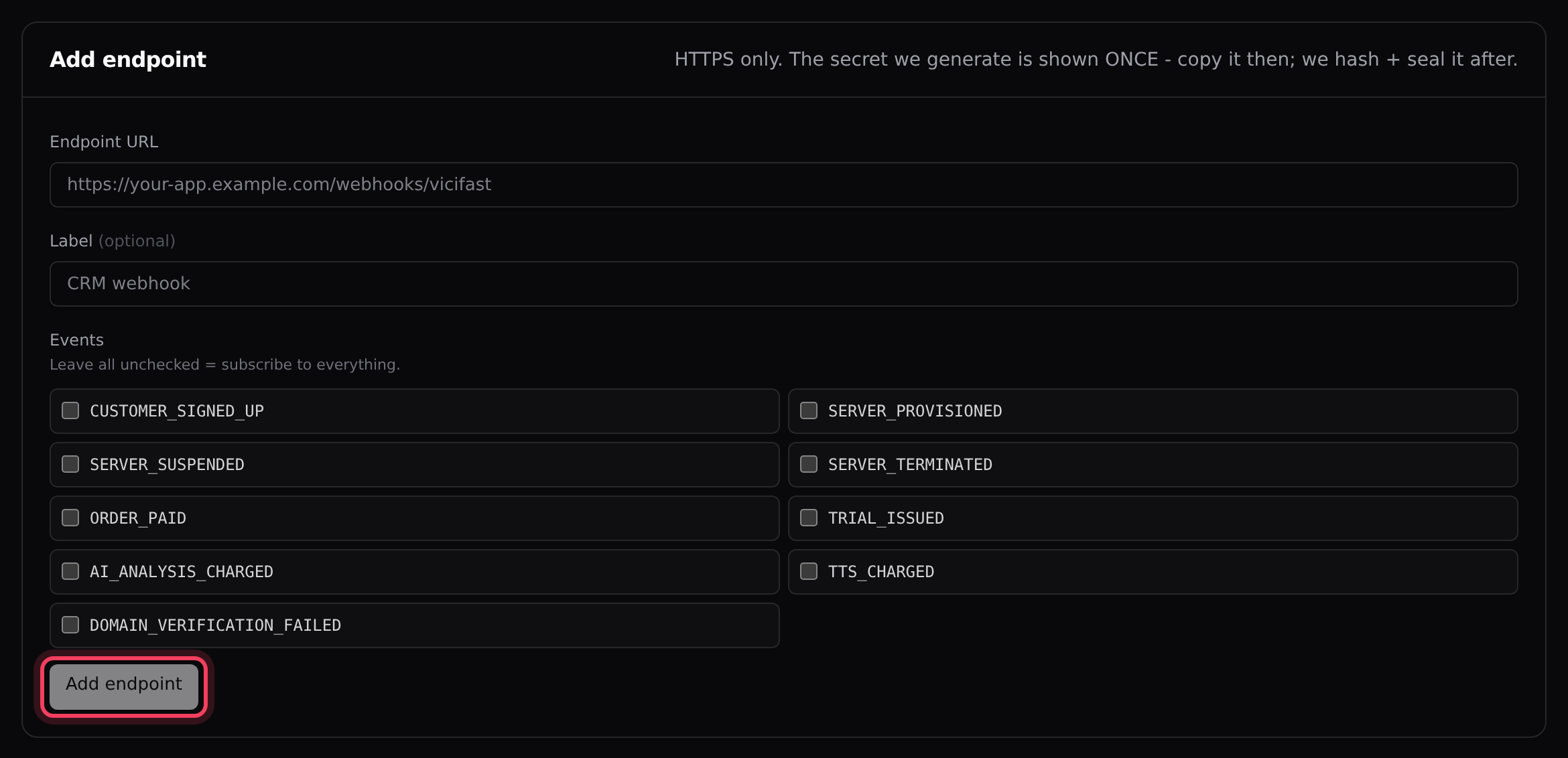 The Add endpoint form on the Webhooks page