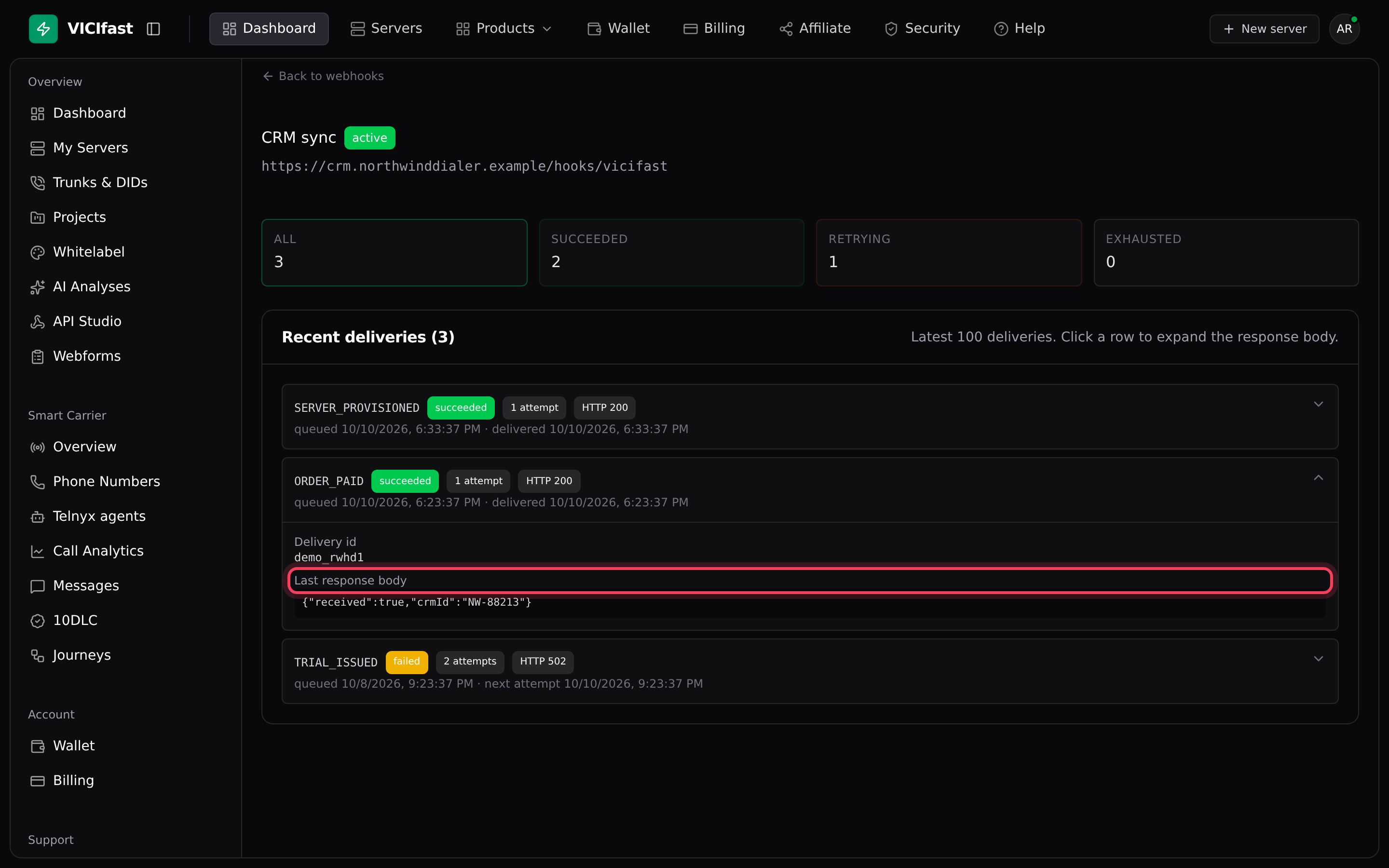 The delivery log with its status tiles and one delivery opened