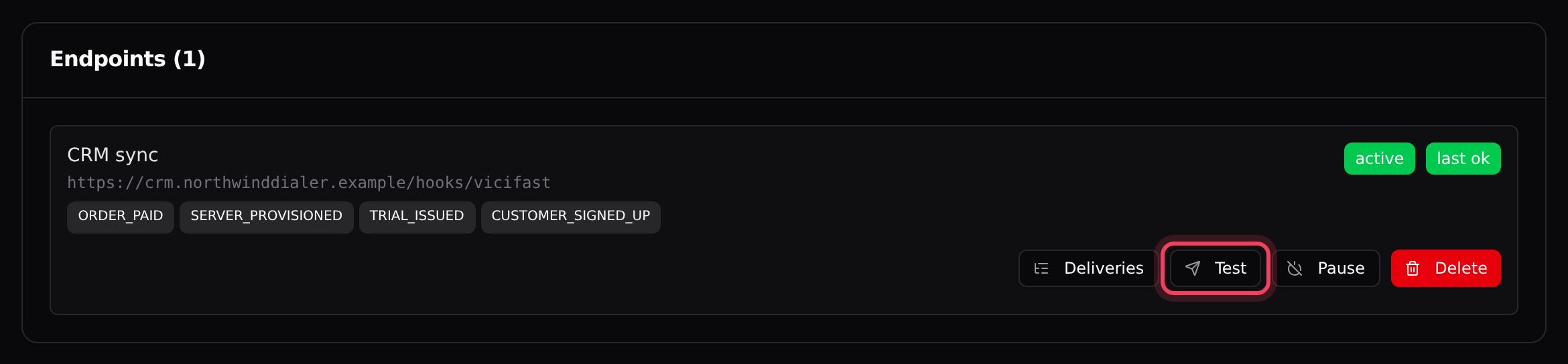 An endpoint with its Deliveries, Test, Pause and Delete buttons
