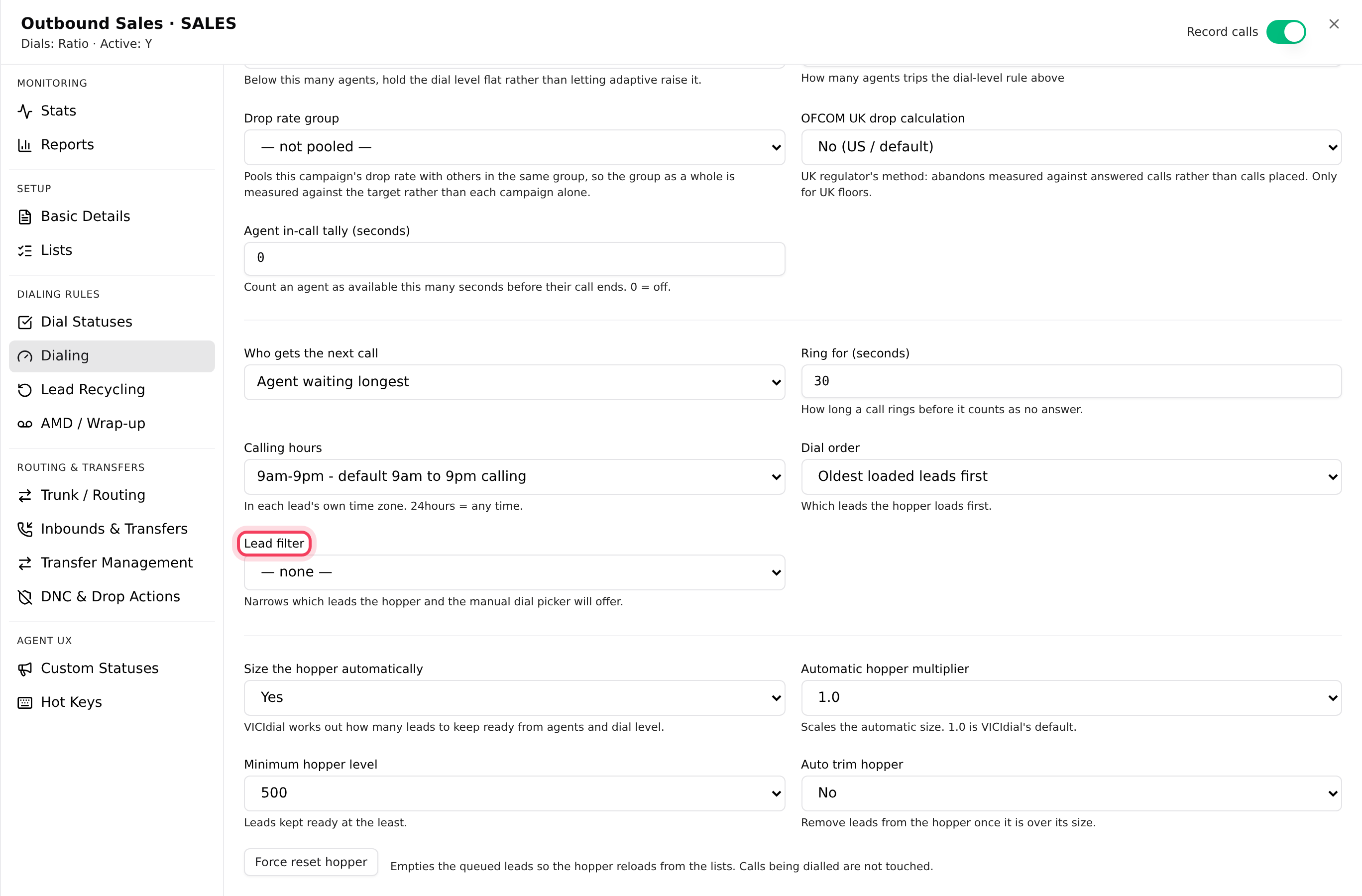 The Lead filter on the campaign's Dialing tab