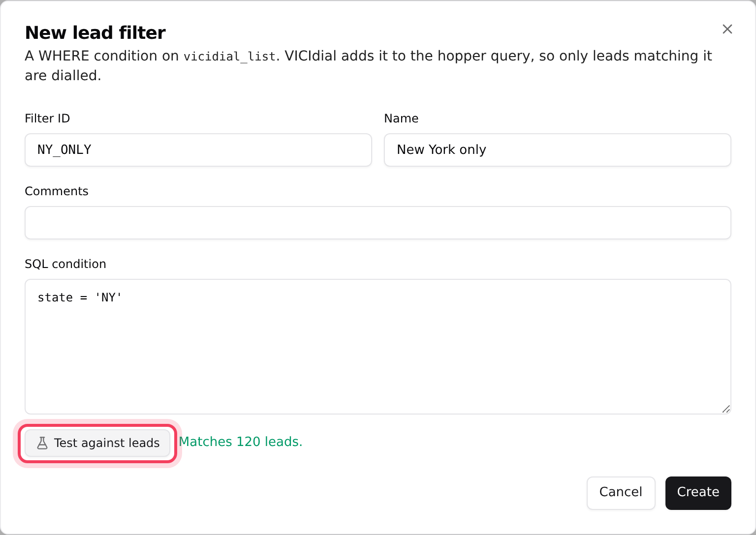 Testing a lead filter before saving it