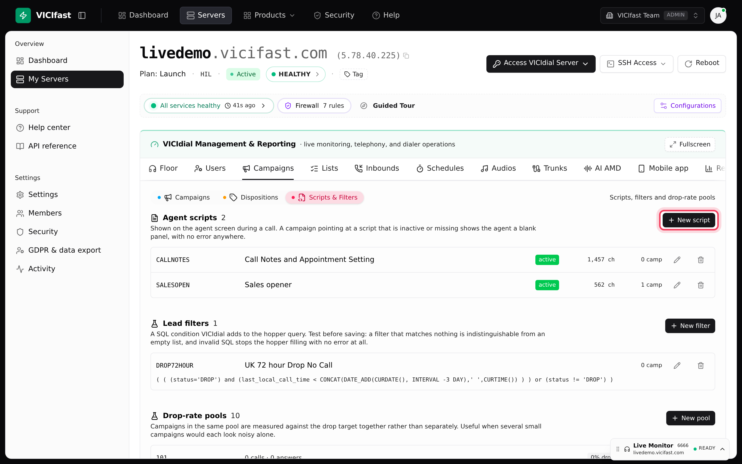 The Scripts & Filters page: scripts, lead filters and drop-rate pools