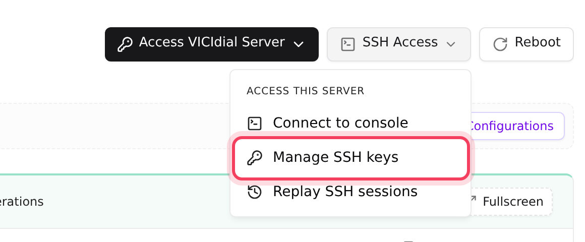 The SSH Access menu: console, SSH keys and session replays