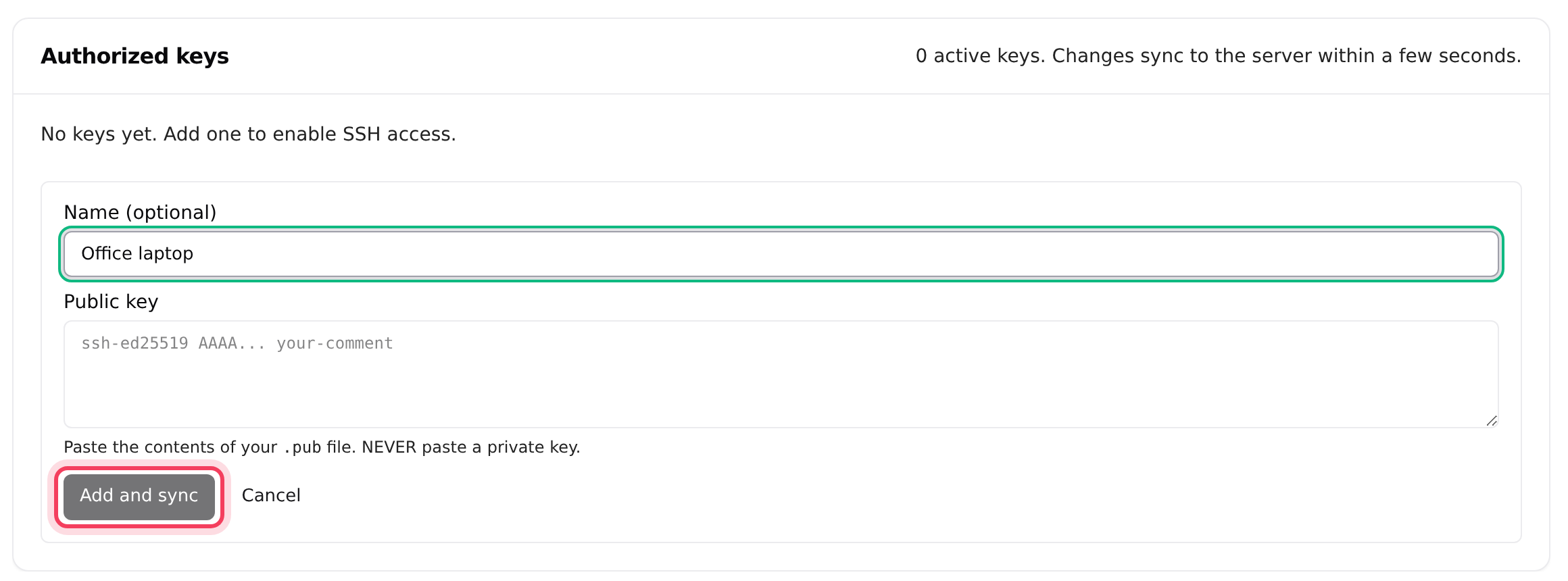 Name the key, paste the public half, then Add and sync