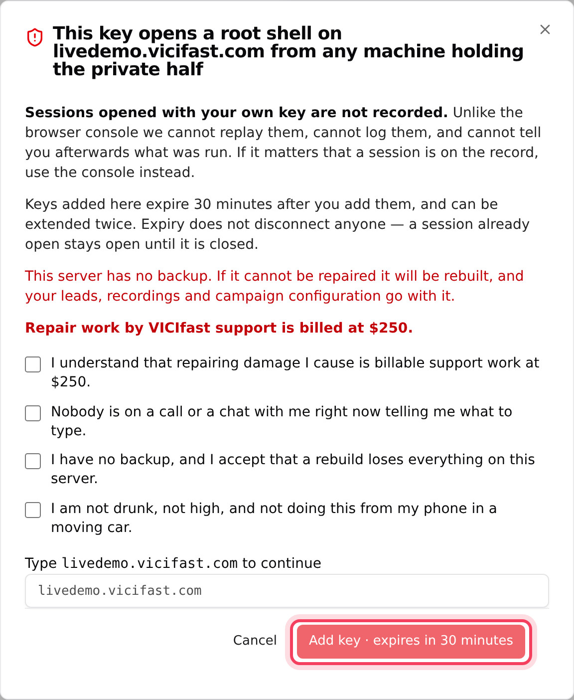 The warning you accept before adding a key