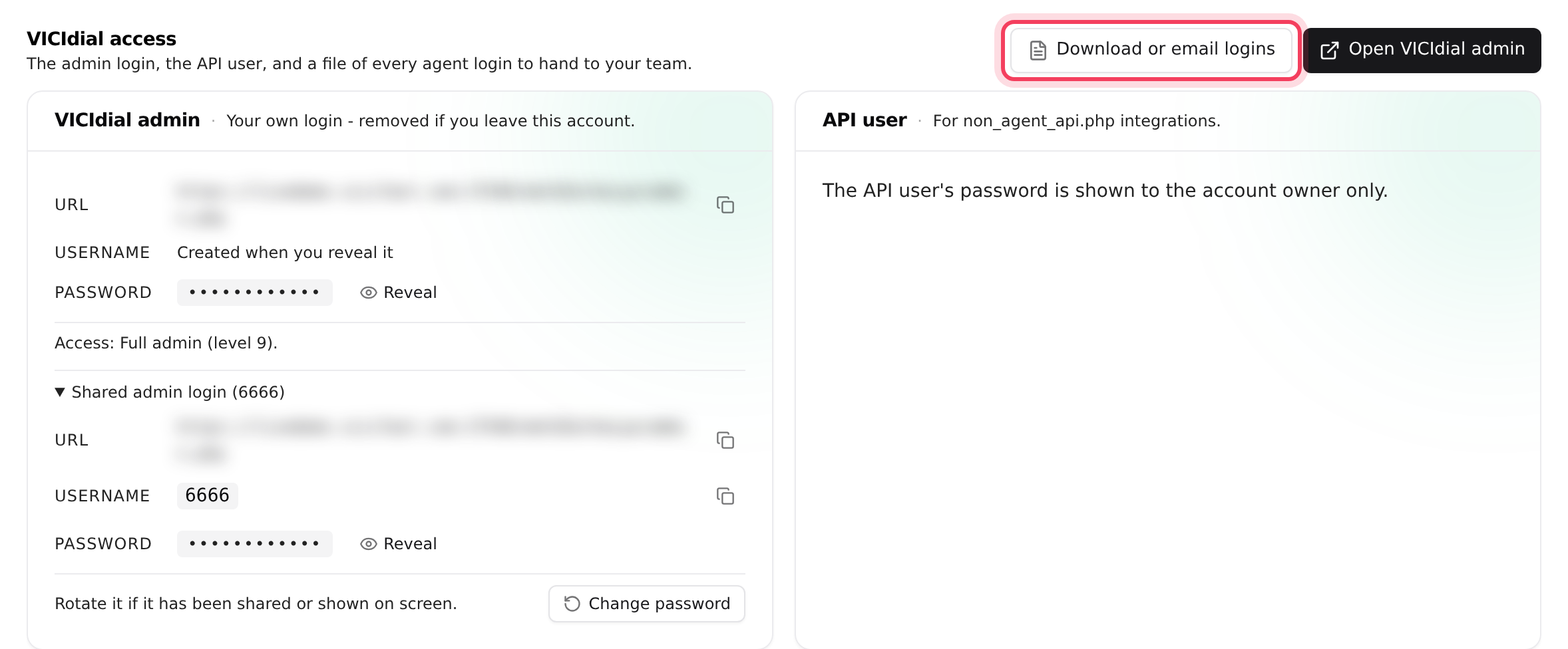 The VICIdial access panel