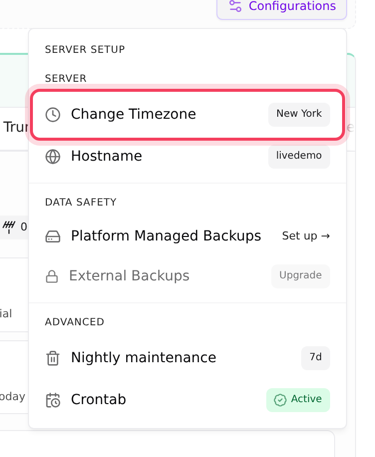 Configurations: Change Timezone shows the current zone