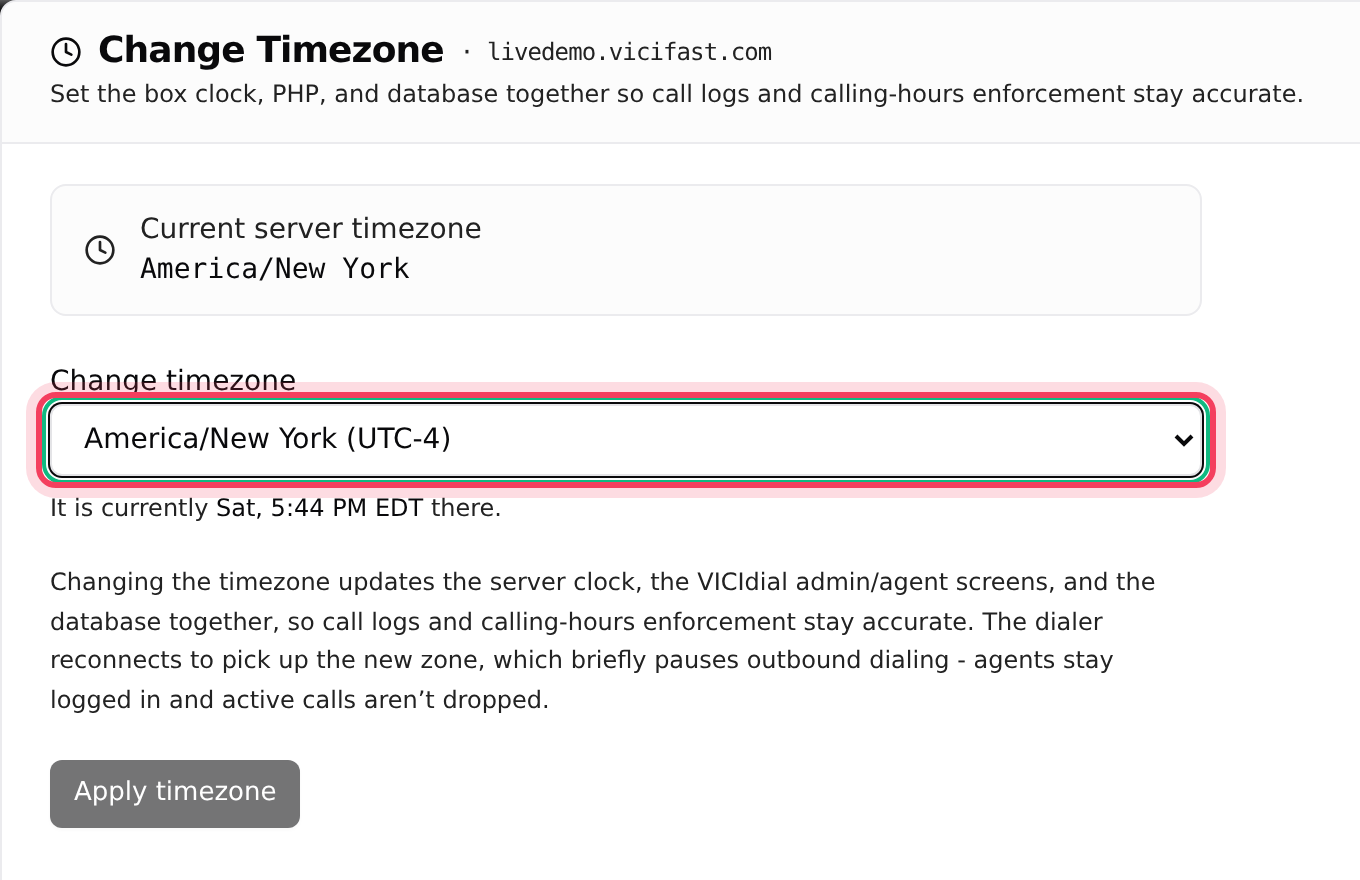 Change Timezone: the current zone and the list of zones