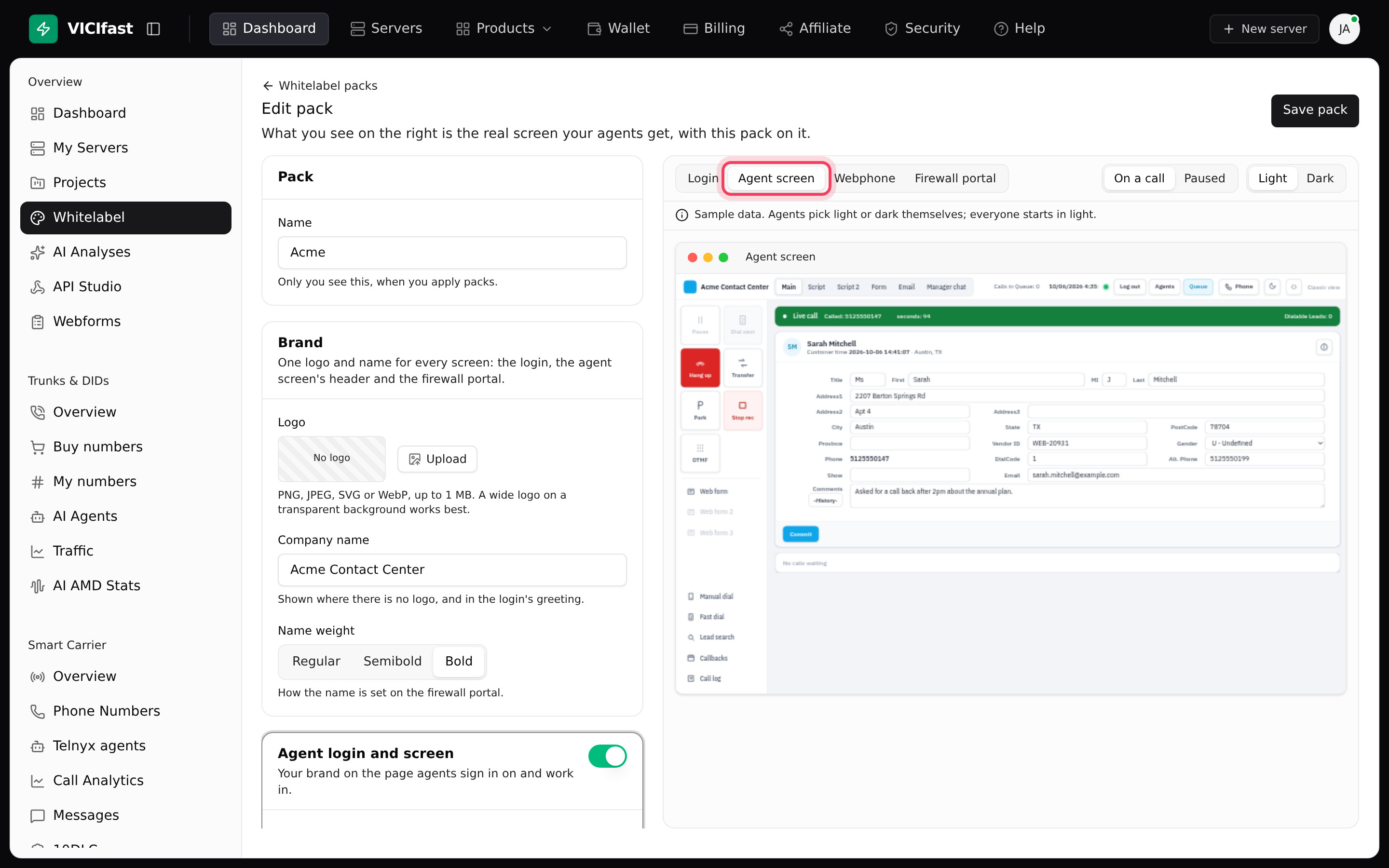The Agent screen preview: your logo, name and accent colour on a sample call