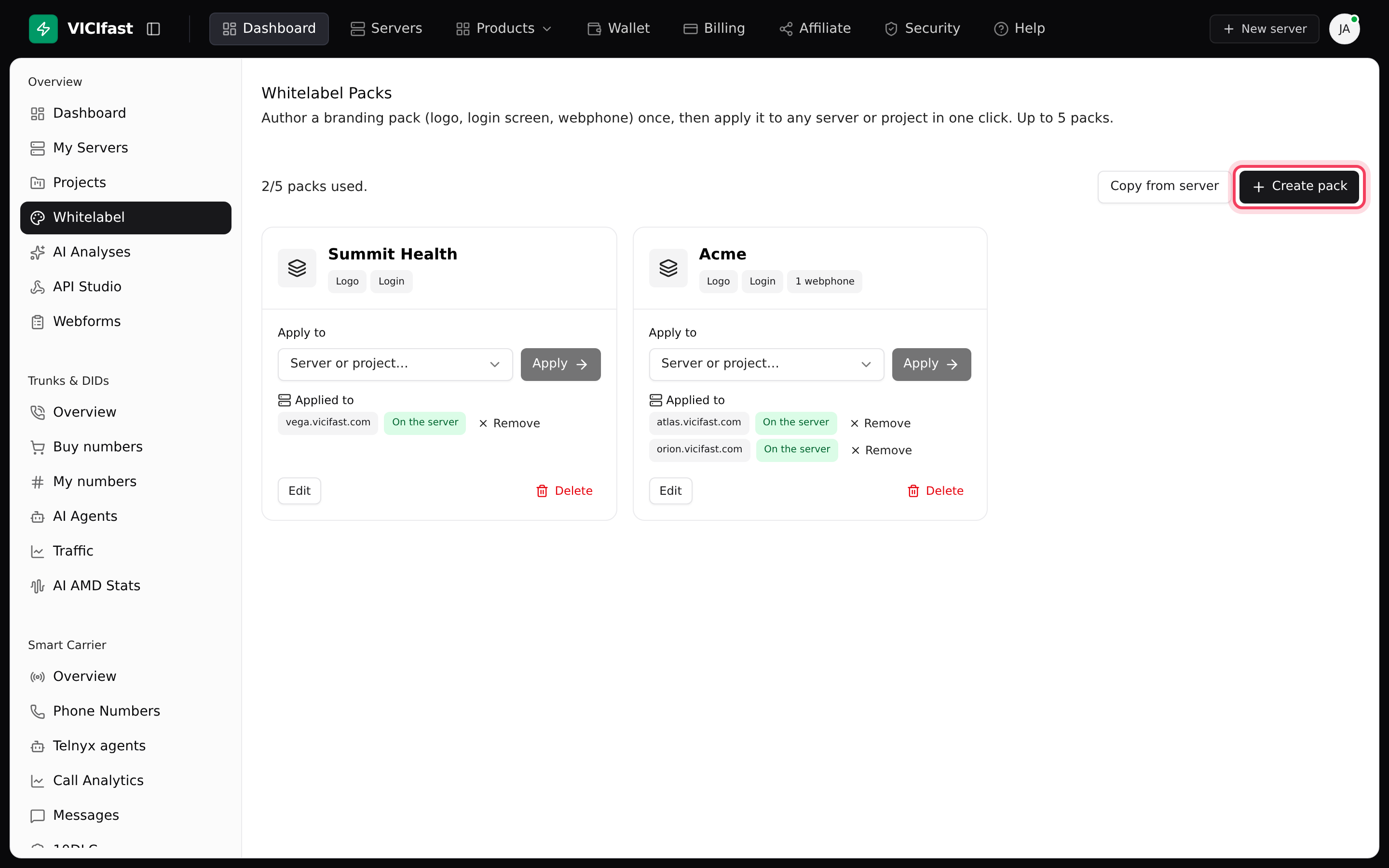 Whitelabel Packs: your packs, Apply to, and Create pack