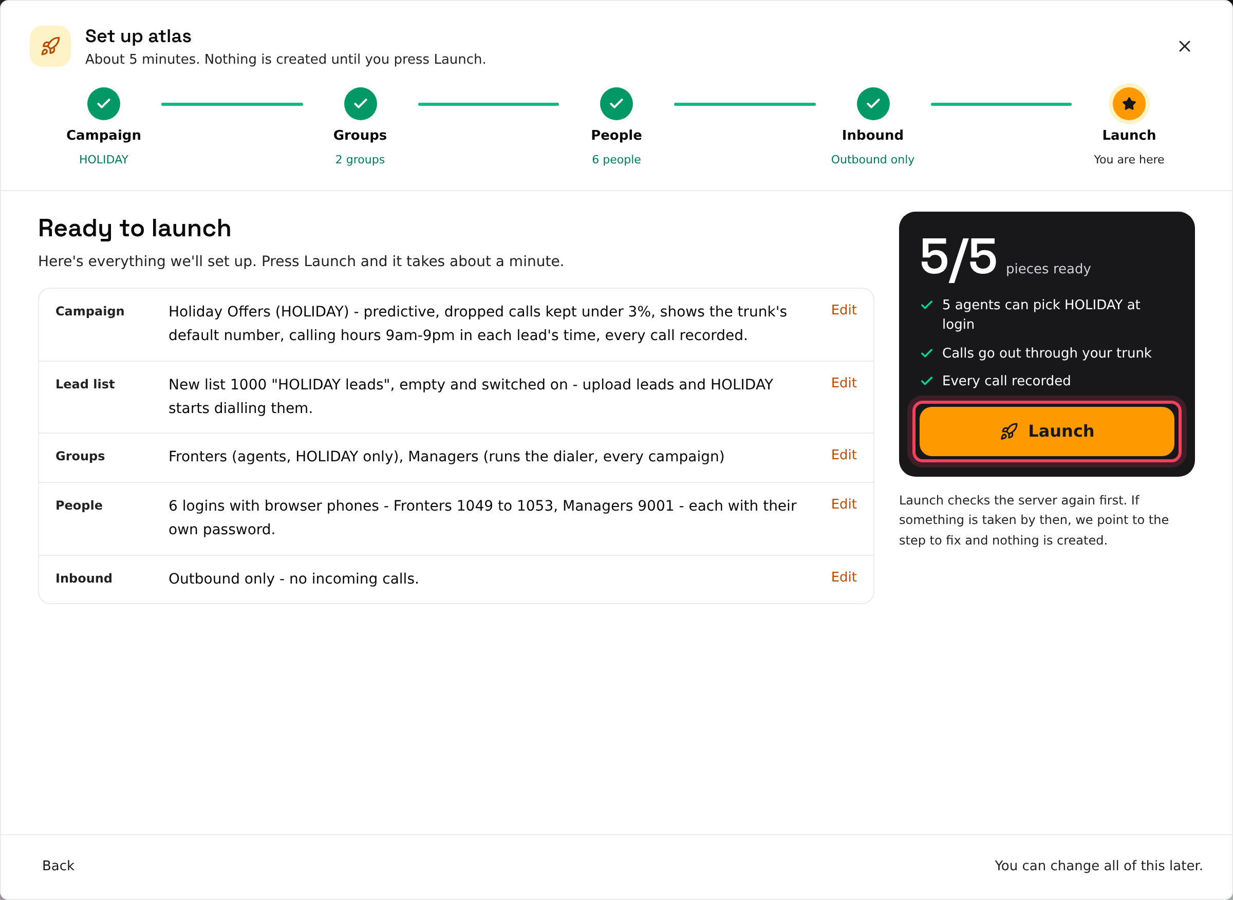 Ready to launch: the summary and the Launch button